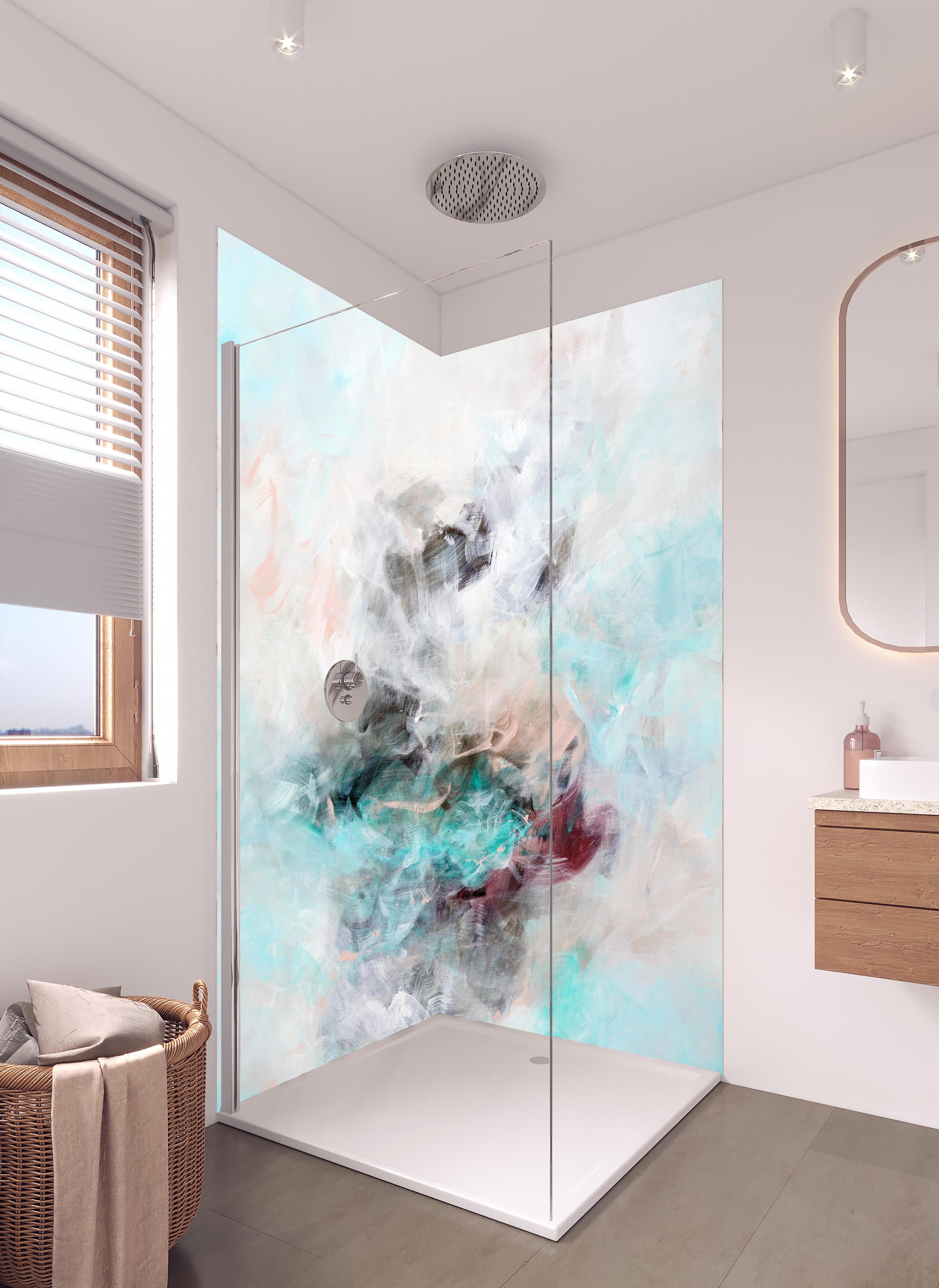 Duschrückwand - Acryl Zeichnung - Gemälde in hellem Badezimmer mit Regenduschkopf - zweiteilige Eck-Duschrückwand