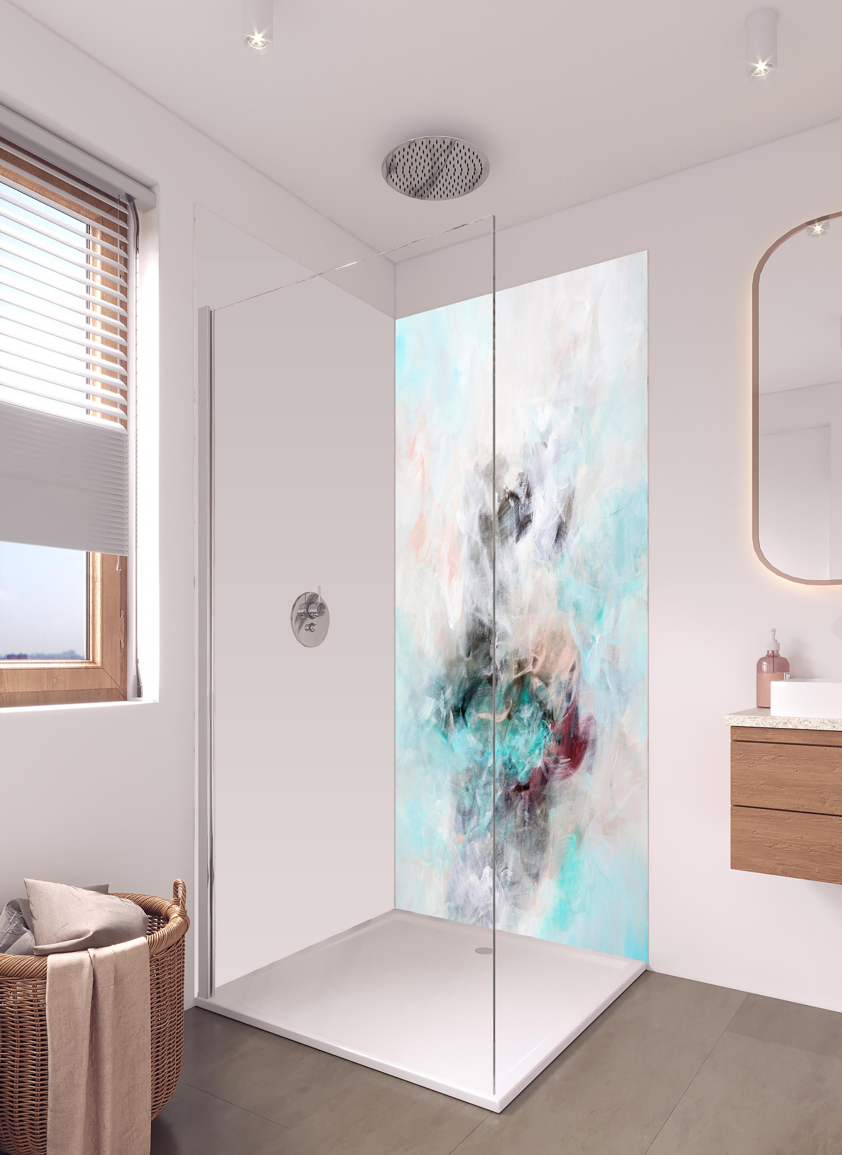 Duschrückwand - Acryl Zeichnung - Gemälde in hellem Badezimmer mit Regenduschkopf - zweiteilige Eck-Duschrückwand