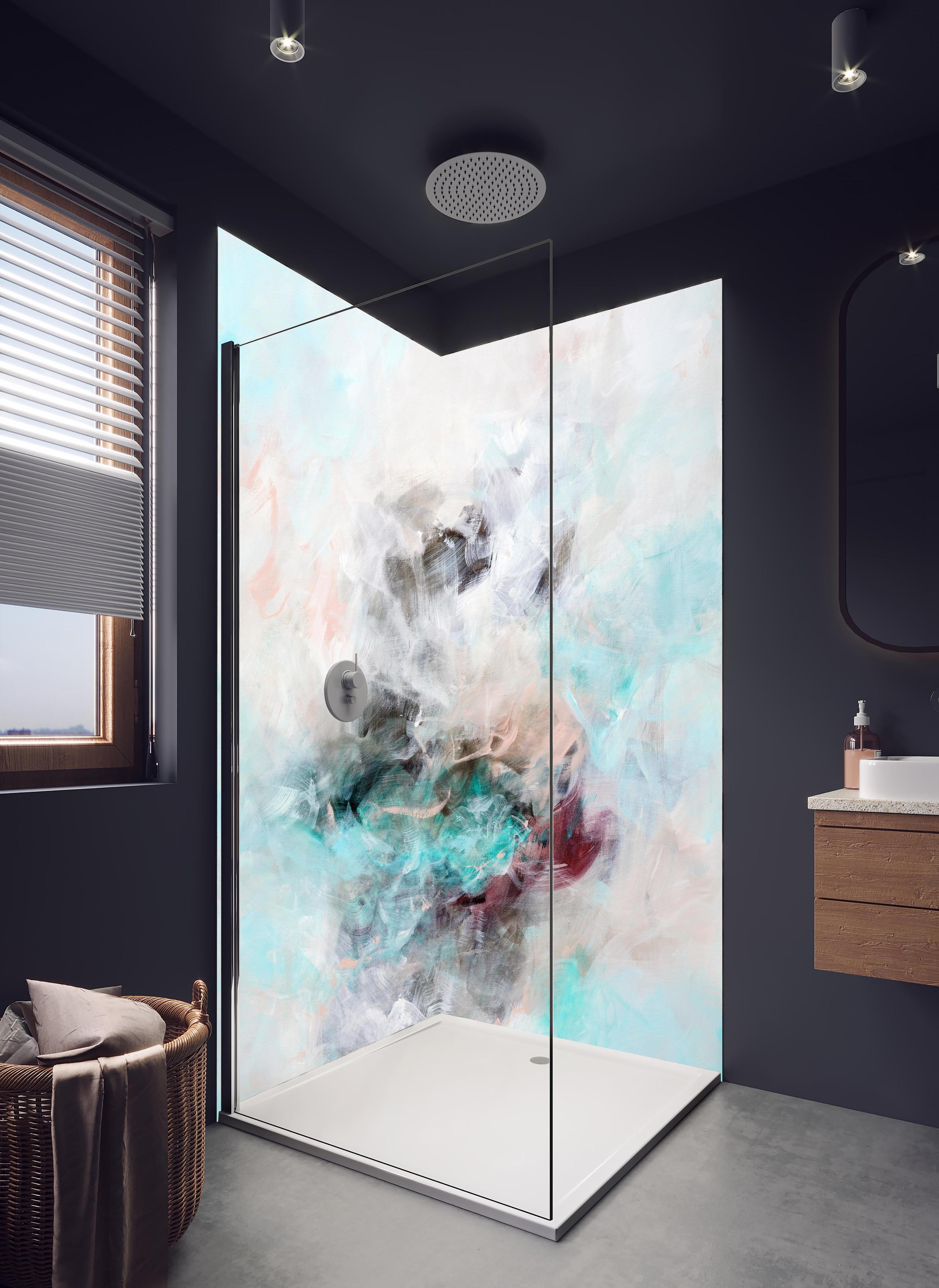Duschrückwand - Acryl Zeichnung - Gemälde in hellem Badezimmer mit Regenduschkopf - zweiteilige Eck-Duschrückwand