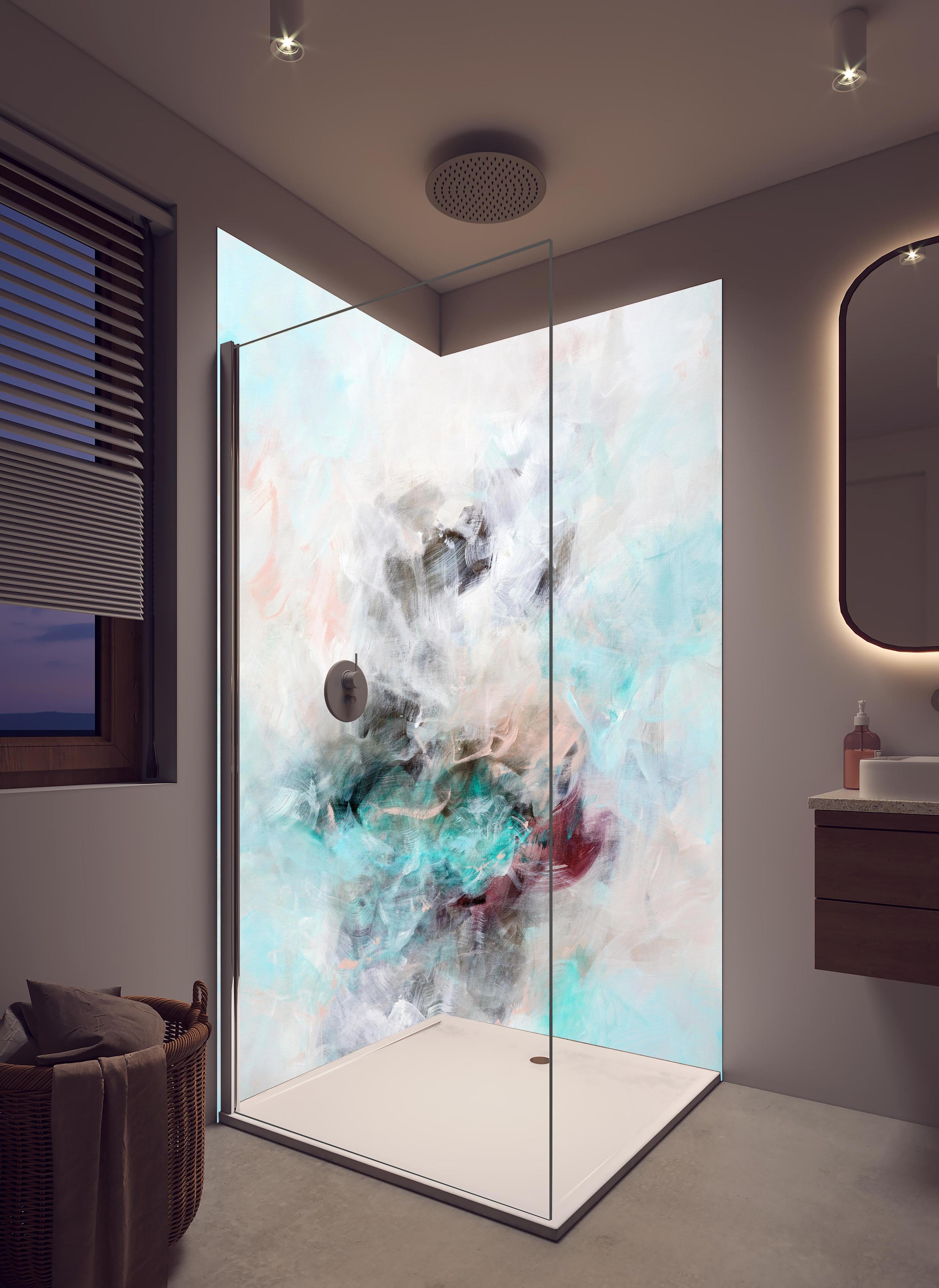 Duschrückwand - Acryl Zeichnung - Gemälde in hellem Badezimmer mit Regenduschkopf - zweiteilige Eck-Duschrückwand