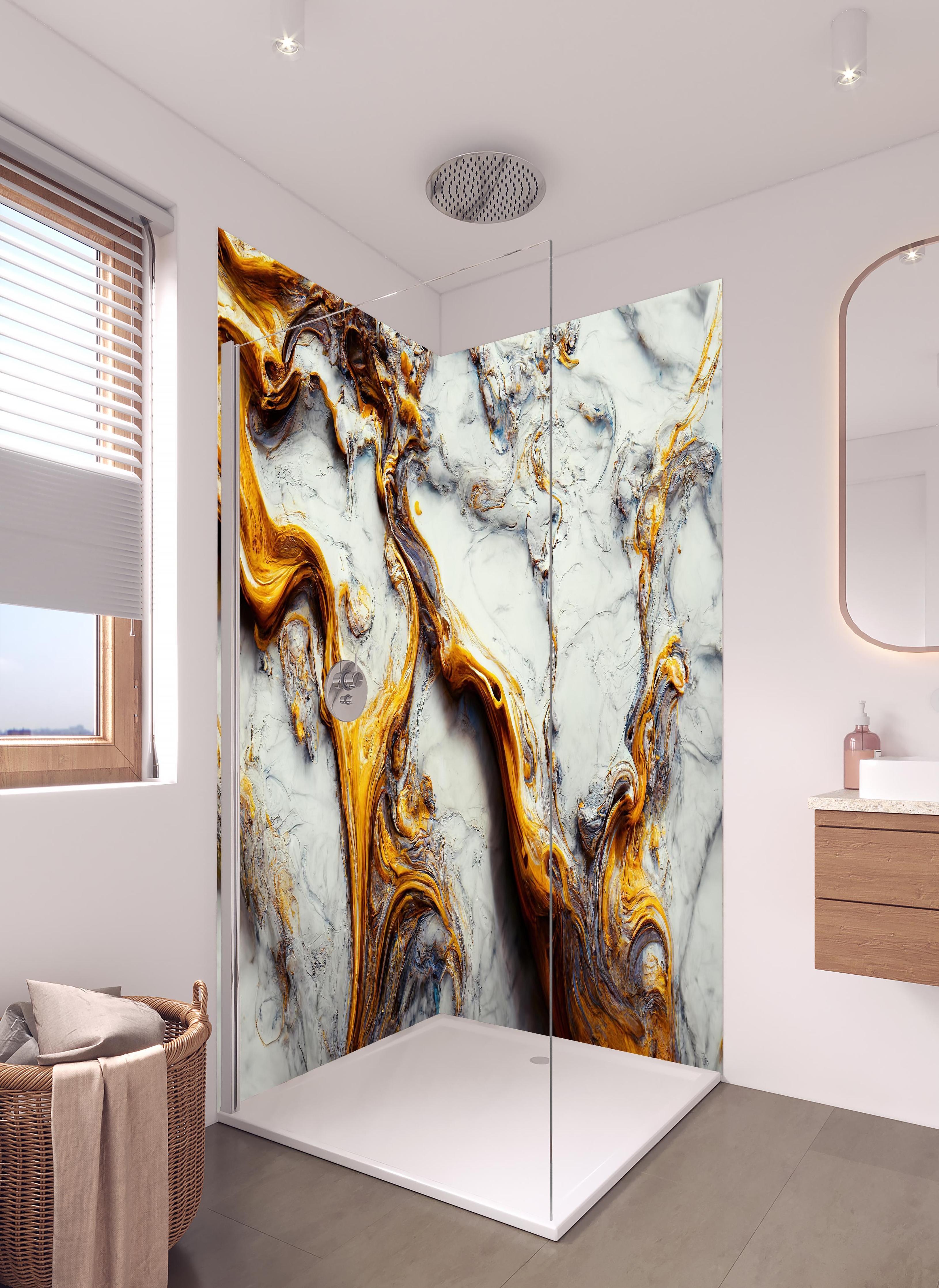 Duschrückwand - Acrylfarben Flüssigkunst - Marmor in hellem Badezimmer mit Regenduschkopf - zweiteilige Eck-Duschrückwand