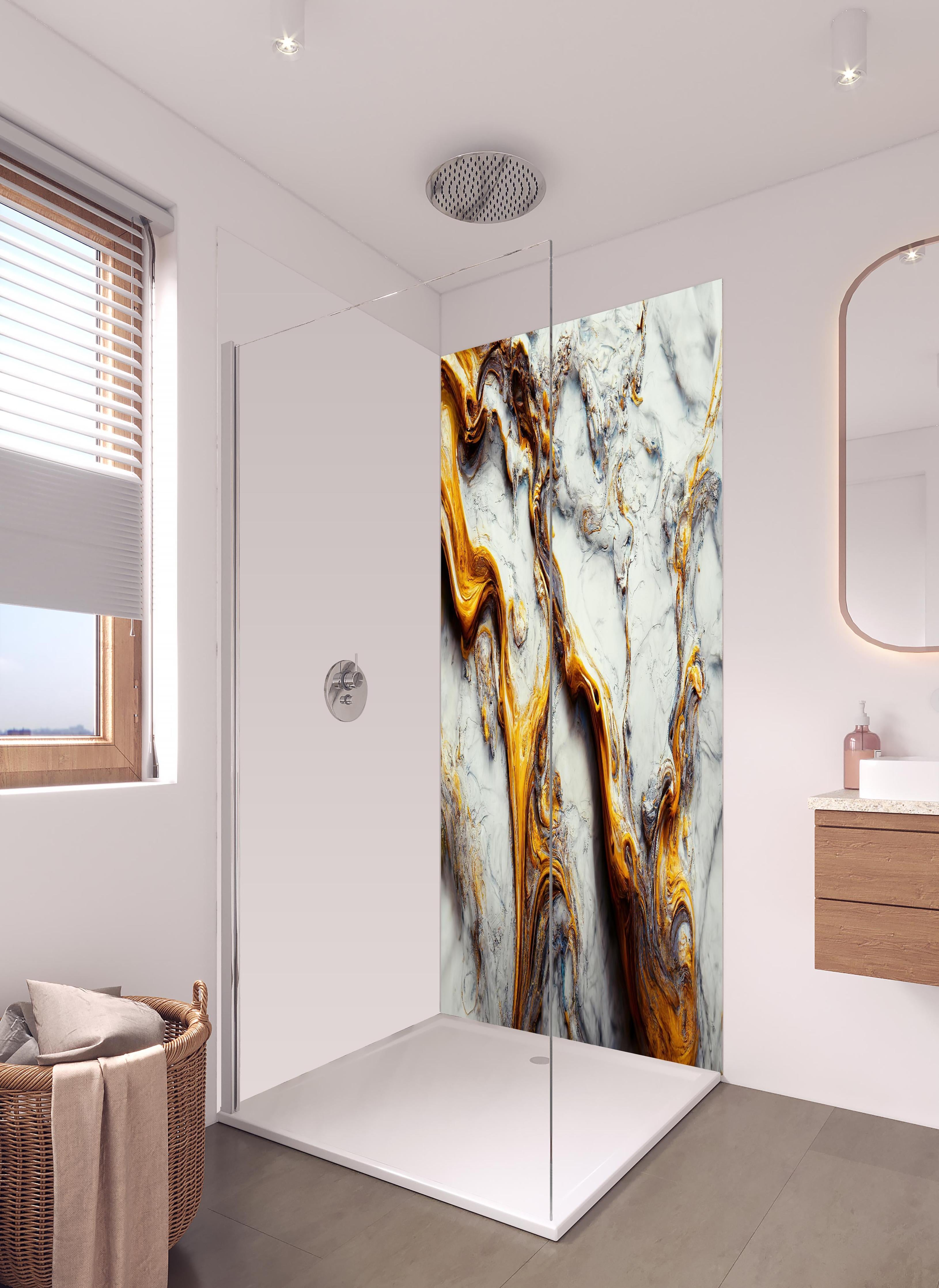 Duschrückwand - Acrylfarben Flüssigkunst - Marmor in hellem Badezimmer mit Regenduschkopf - zweiteilige Eck-Duschrückwand