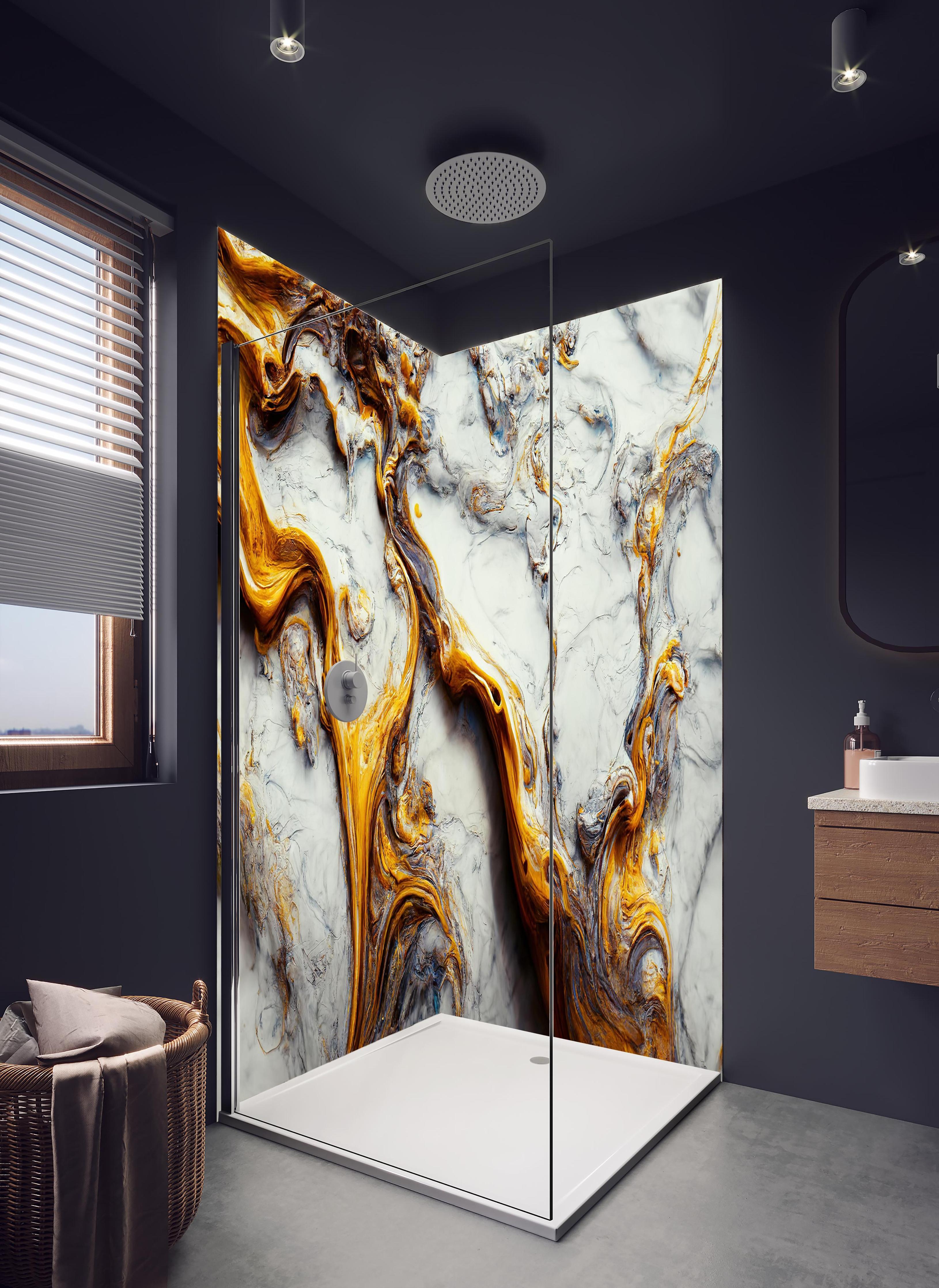 Duschrückwand - Acrylfarben Flüssigkunst - Marmor in hellem Badezimmer mit Regenduschkopf - zweiteilige Eck-Duschrückwand