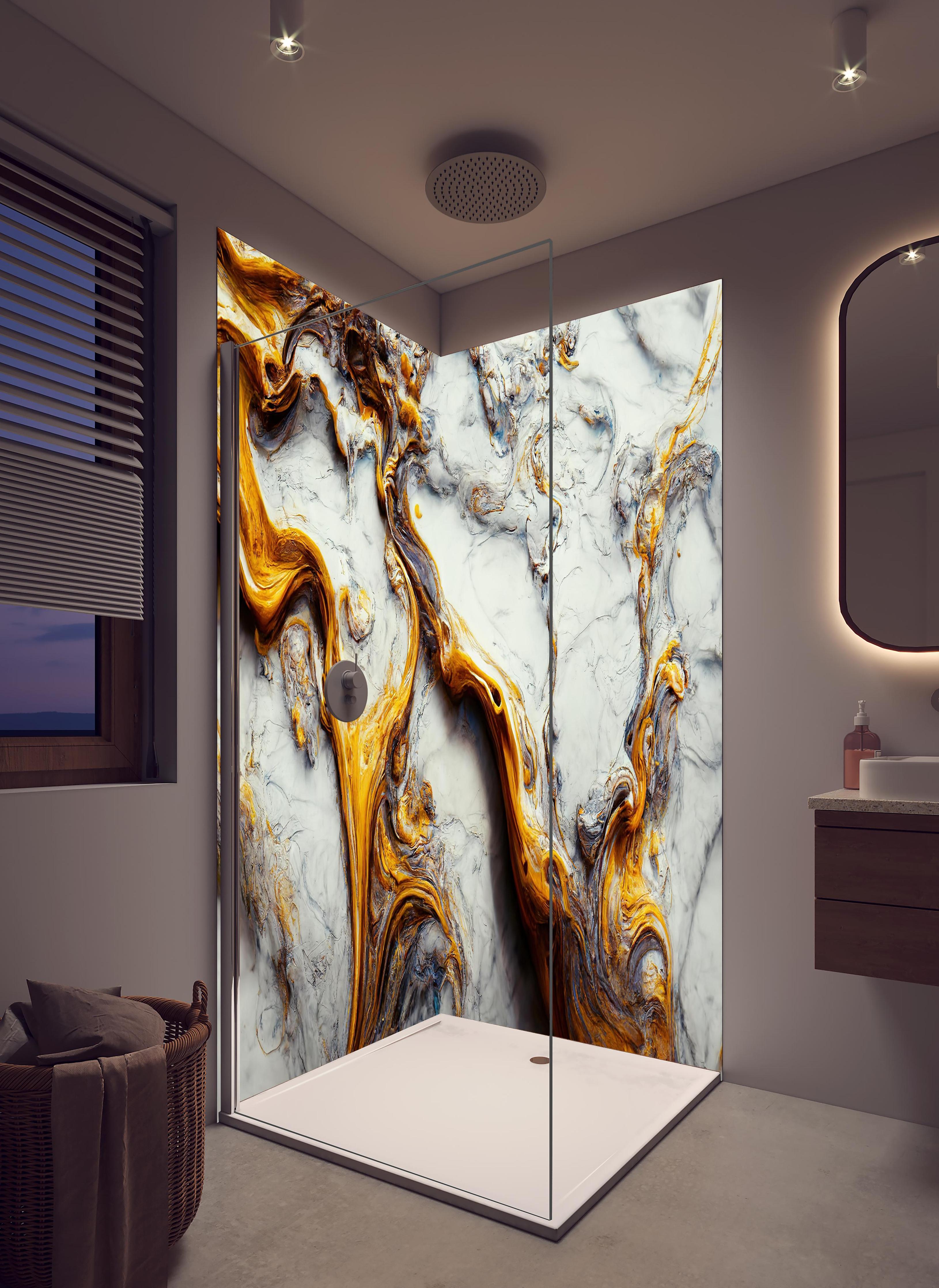 Duschrückwand - Acrylfarben Flüssigkunst - Marmor in hellem Badezimmer mit Regenduschkopf - zweiteilige Eck-Duschrückwand