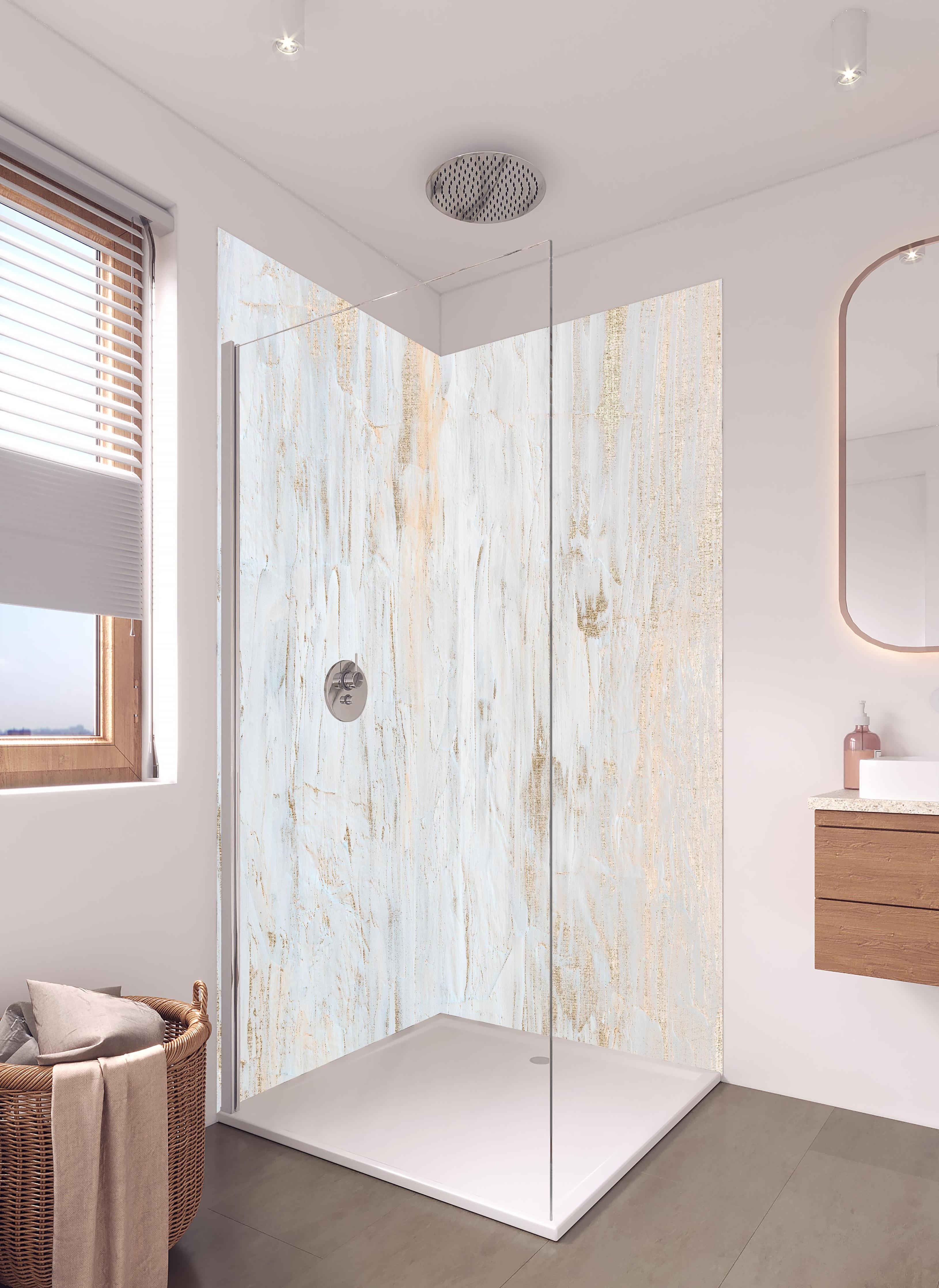 Duschrückwand - Acrylfarben Kunst - weißer Ton in hellem Badezimmer mit Regenduschkopf - zweiteilige Eck-Duschrückwand