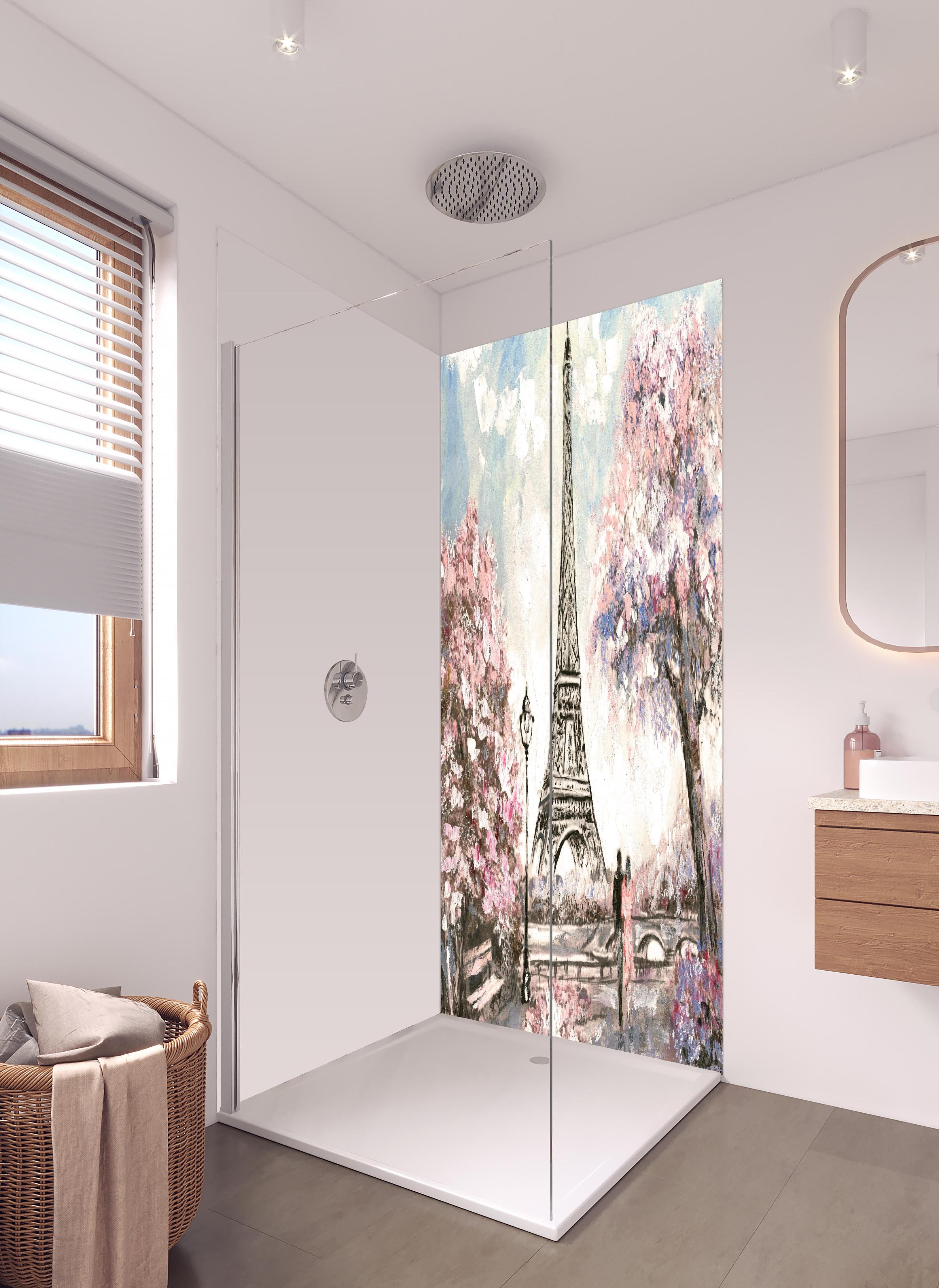 Duschrückwand - Acrylgemälde eines Paares in Paris in hellem Badezimmer mit Regenduschkopf - zweiteilige Eck-Duschrückwand