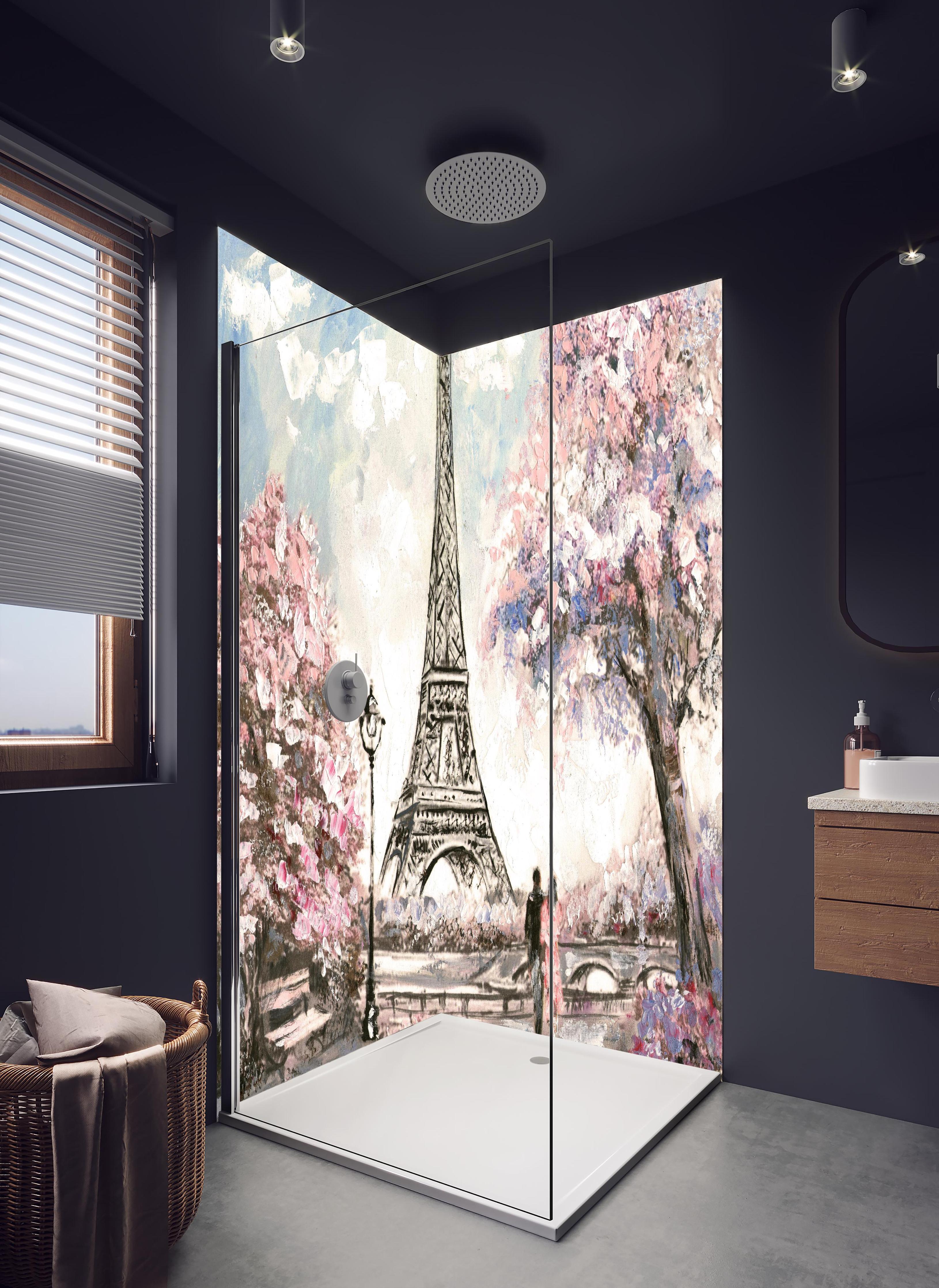 Duschrückwand - Acrylgemälde eines Paares in Paris in hellem Badezimmer mit Regenduschkopf - zweiteilige Eck-Duschrückwand