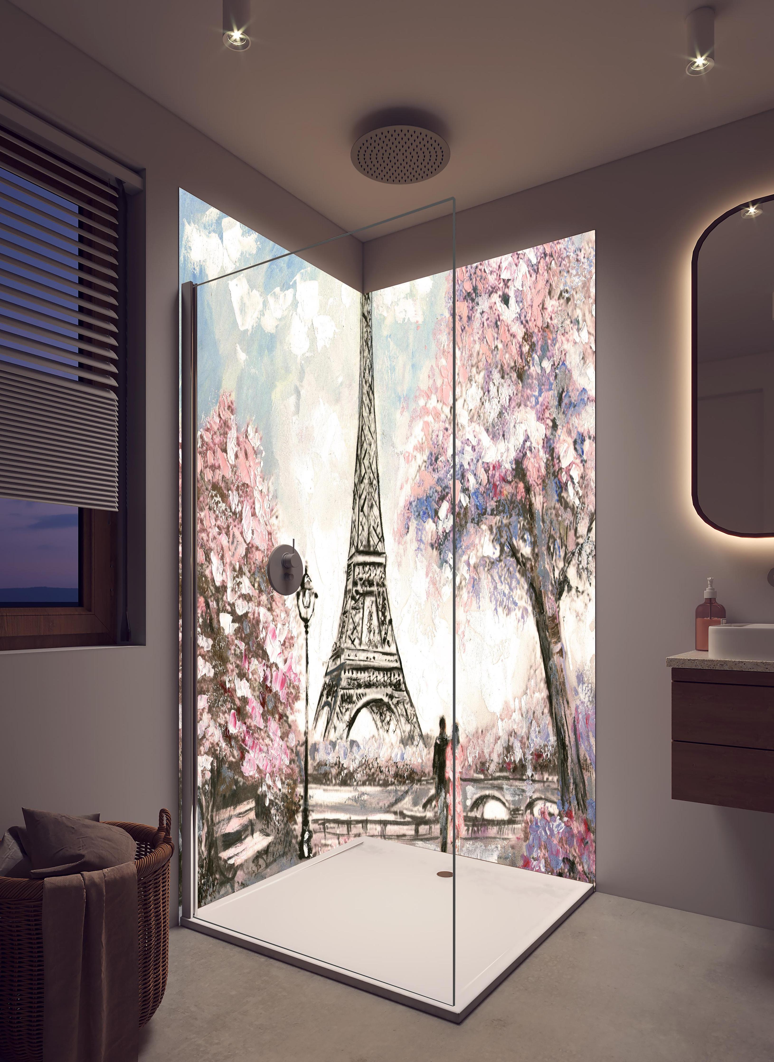 Duschrückwand - Acrylgemälde eines Paares in Paris in hellem Badezimmer mit Regenduschkopf - zweiteilige Eck-Duschrückwand