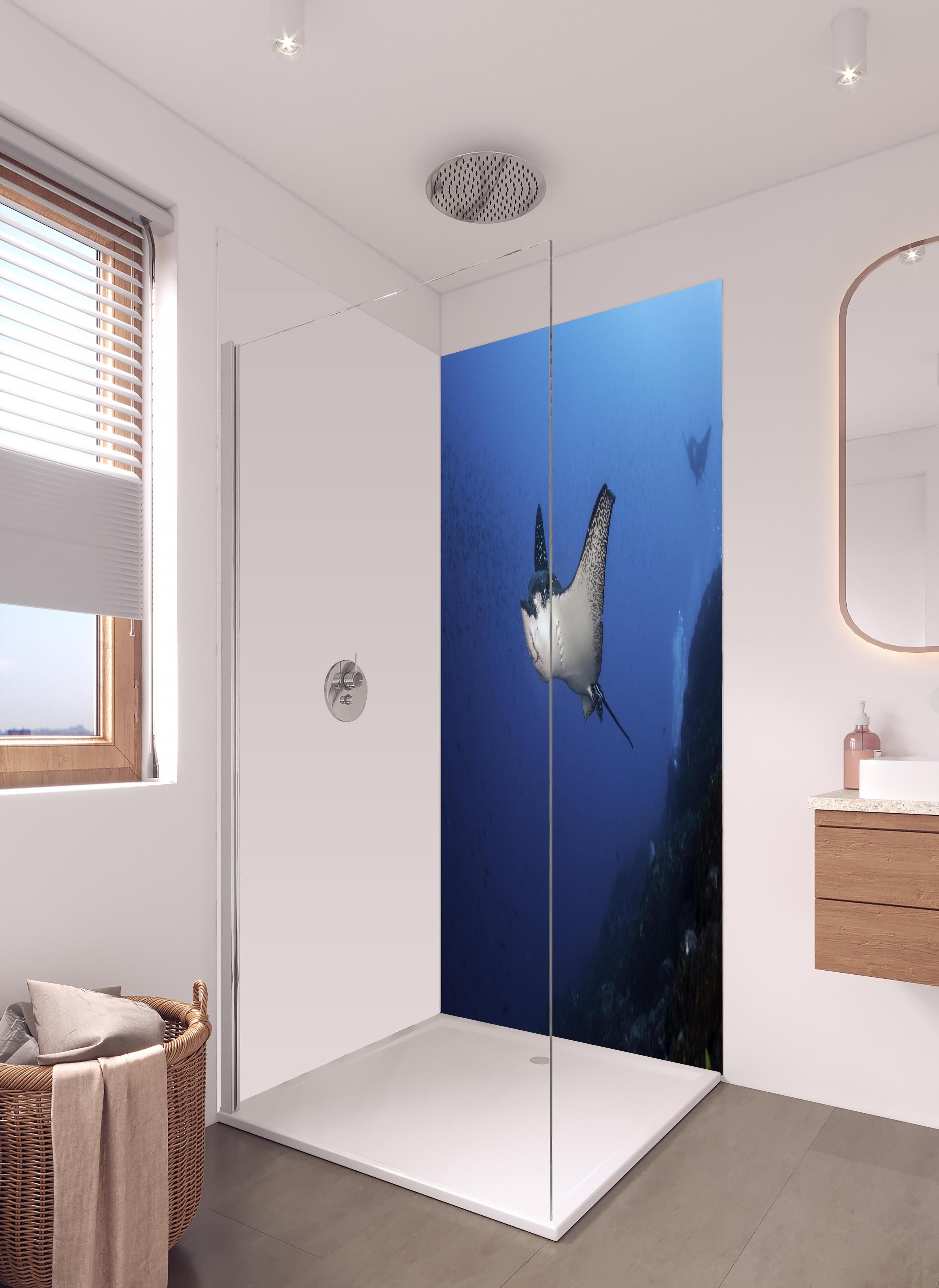 Duschrückwand - Adlerrochen schwimmt über dem Korallenriff in hellem Badezimmer mit Regenduschkopf - zweiteilige Eck-Duschrückwand