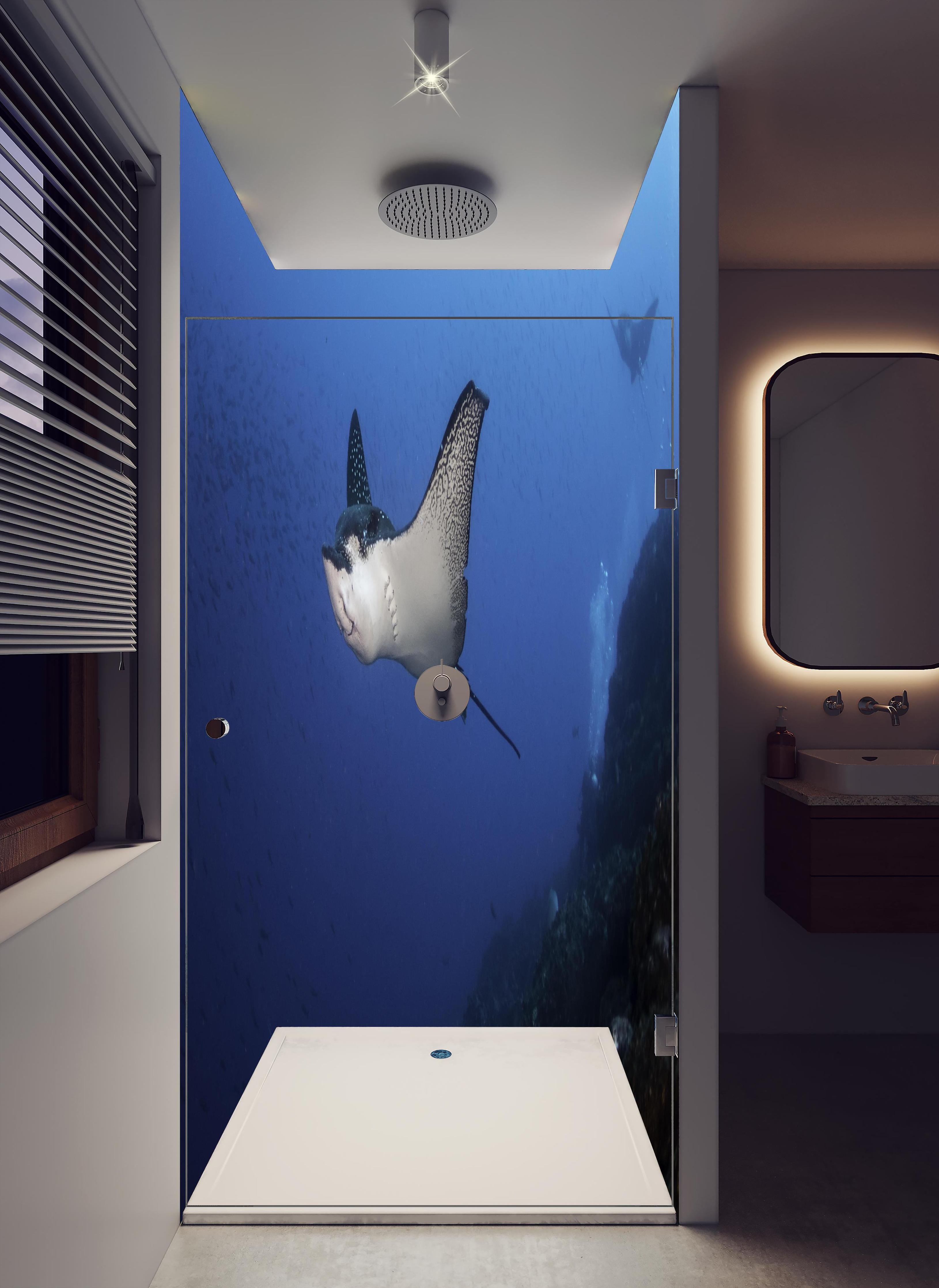 Duschrückwand - Adlerrochen schwimmt über dem Korallenriff in hellem Badezimmer mit Regenduschkopf - zweiteilige Eck-Duschrückwand