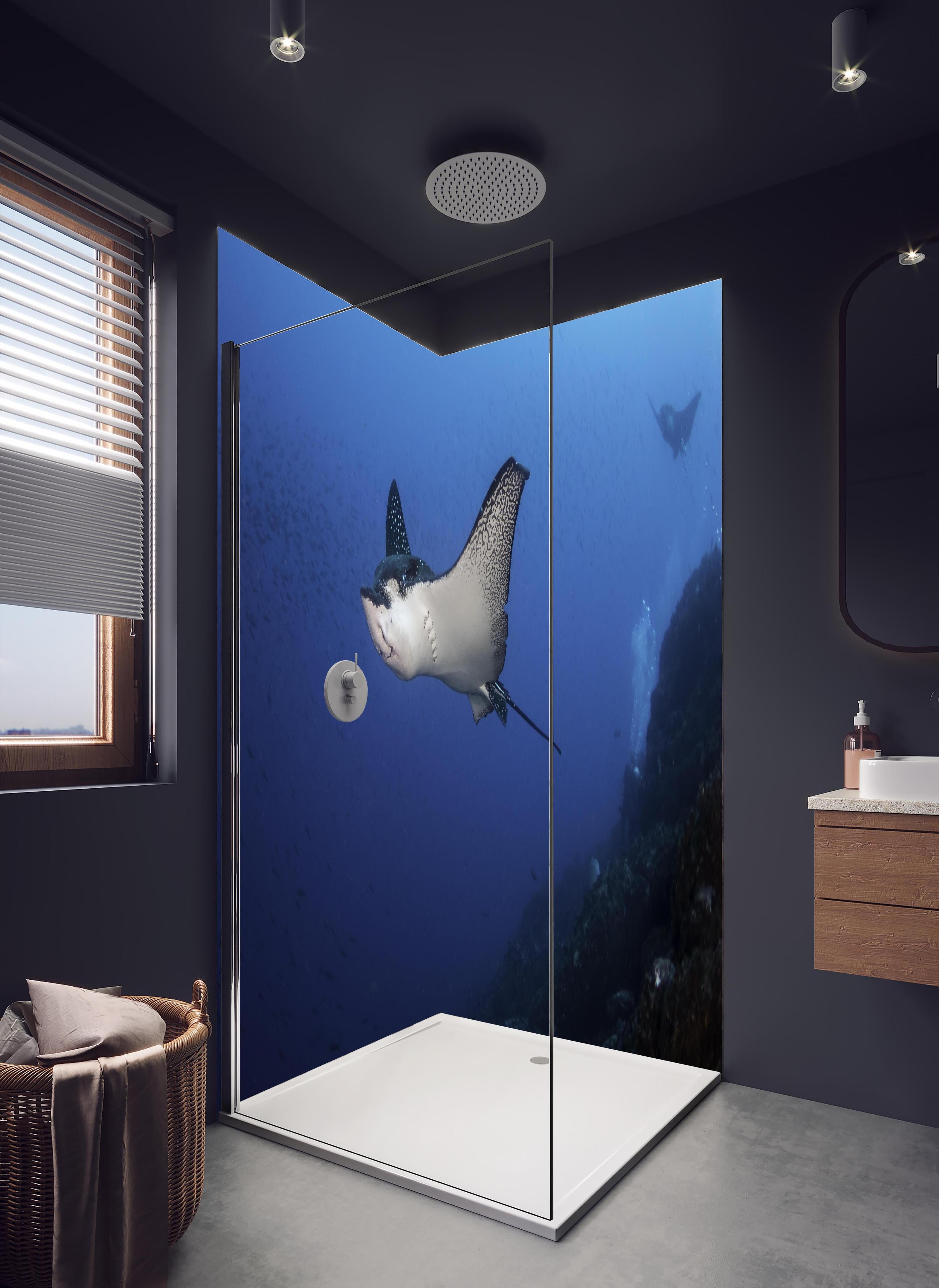 Duschrückwand - Adlerrochen schwimmt über dem Korallenriff in hellem Badezimmer mit Regenduschkopf - zweiteilige Eck-Duschrückwand