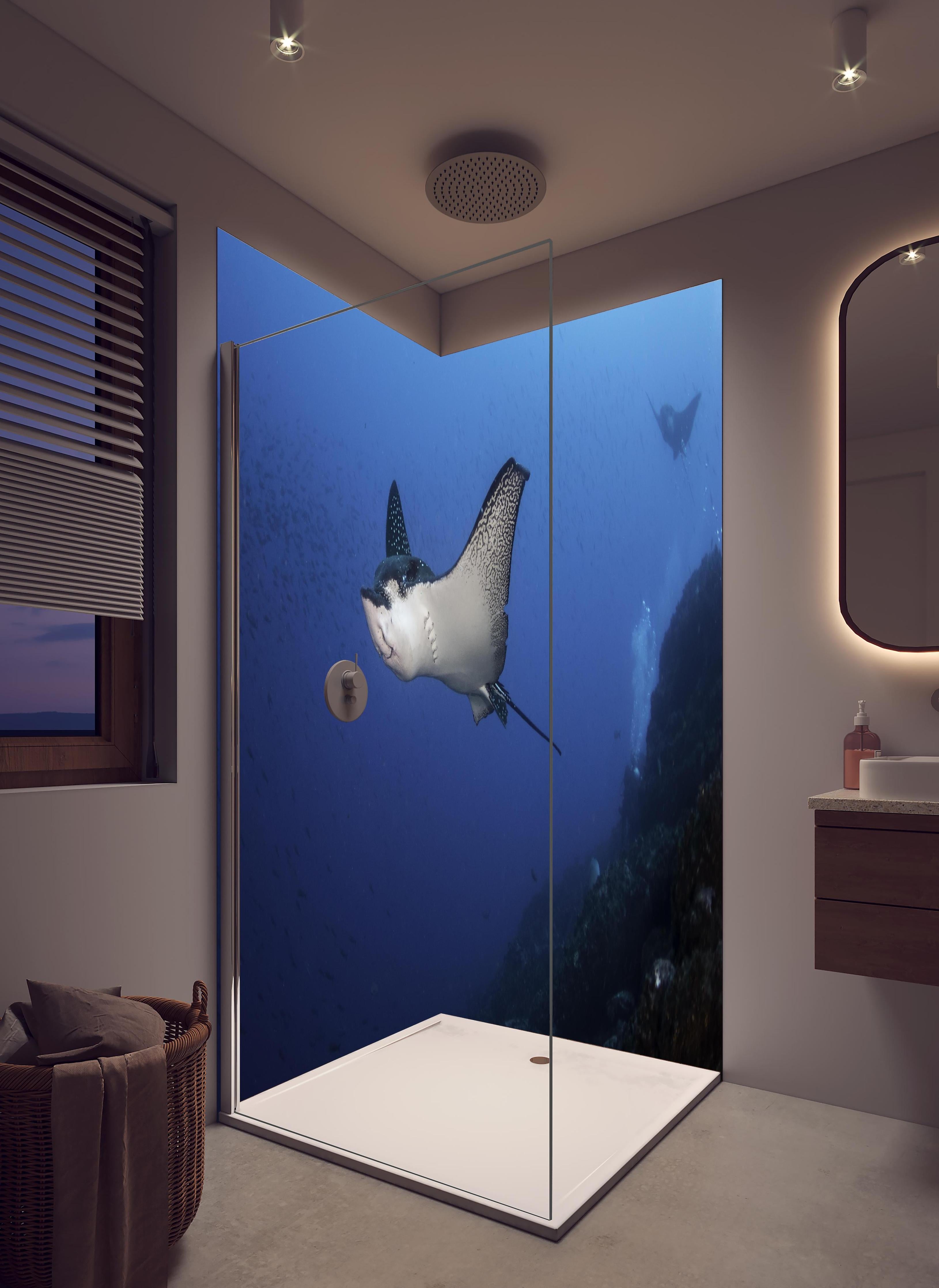 Duschrückwand - Adlerrochen schwimmt über dem Korallenriff in hellem Badezimmer mit Regenduschkopf - zweiteilige Eck-Duschrückwand