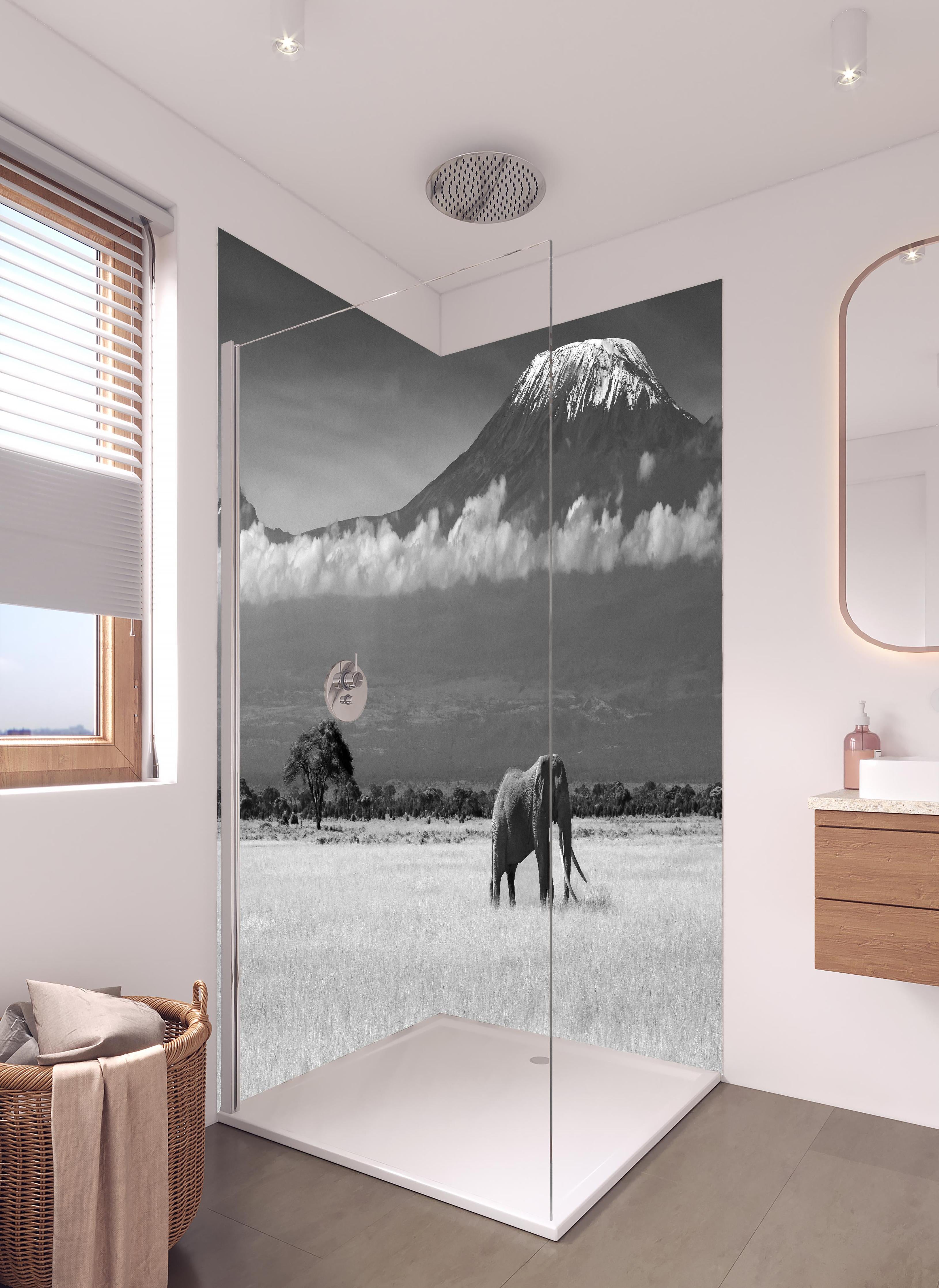 Duschrückwand - Afrikanische Landschaft - Schwarz-weiß in hellem Badezimmer mit Regenduschkopf - zweiteilige Eck-Duschrückwand