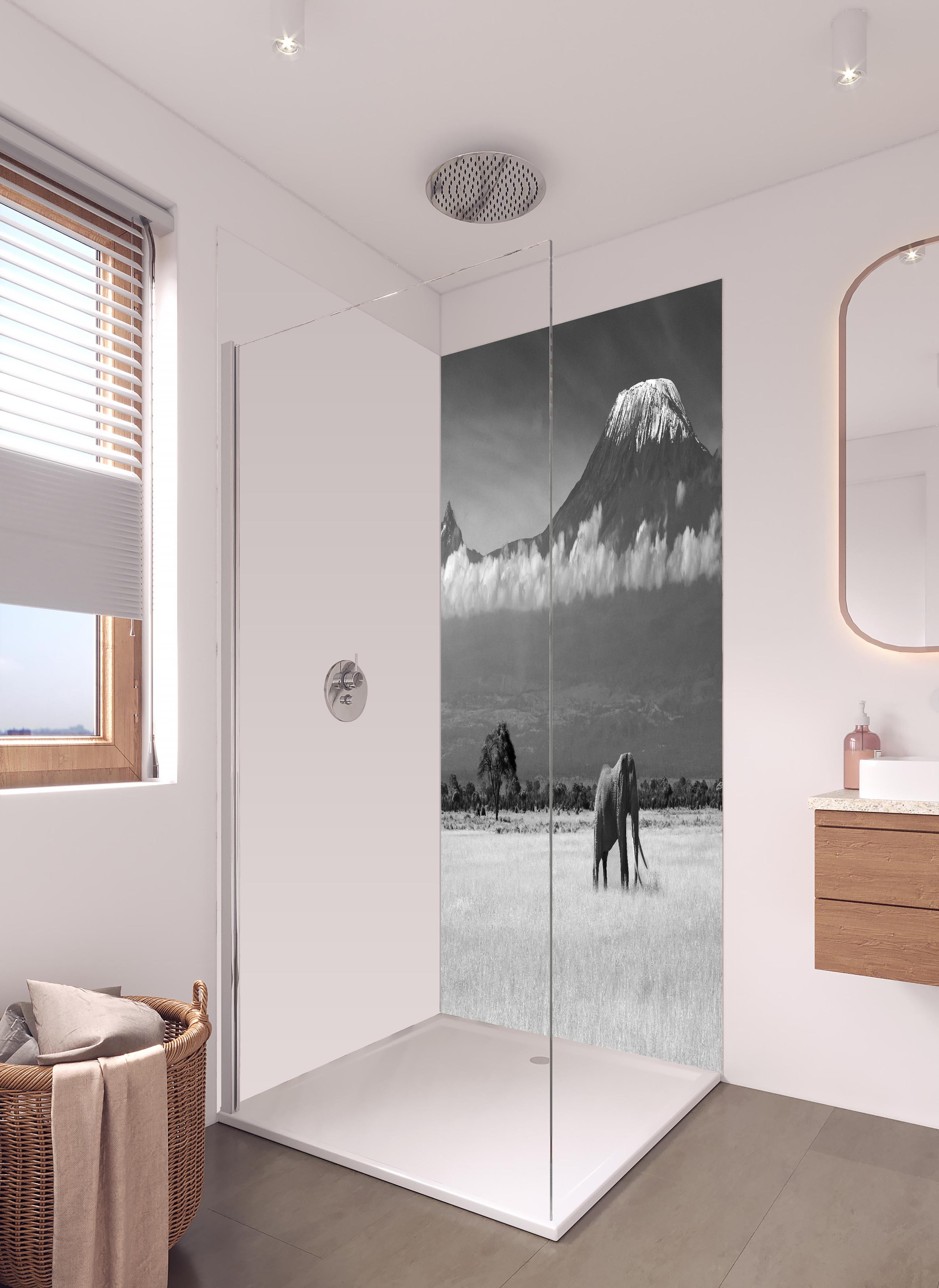 Duschrückwand - Afrikanische Landschaft - Schwarz-weiß in hellem Badezimmer mit Regenduschkopf - zweiteilige Eck-Duschrückwand