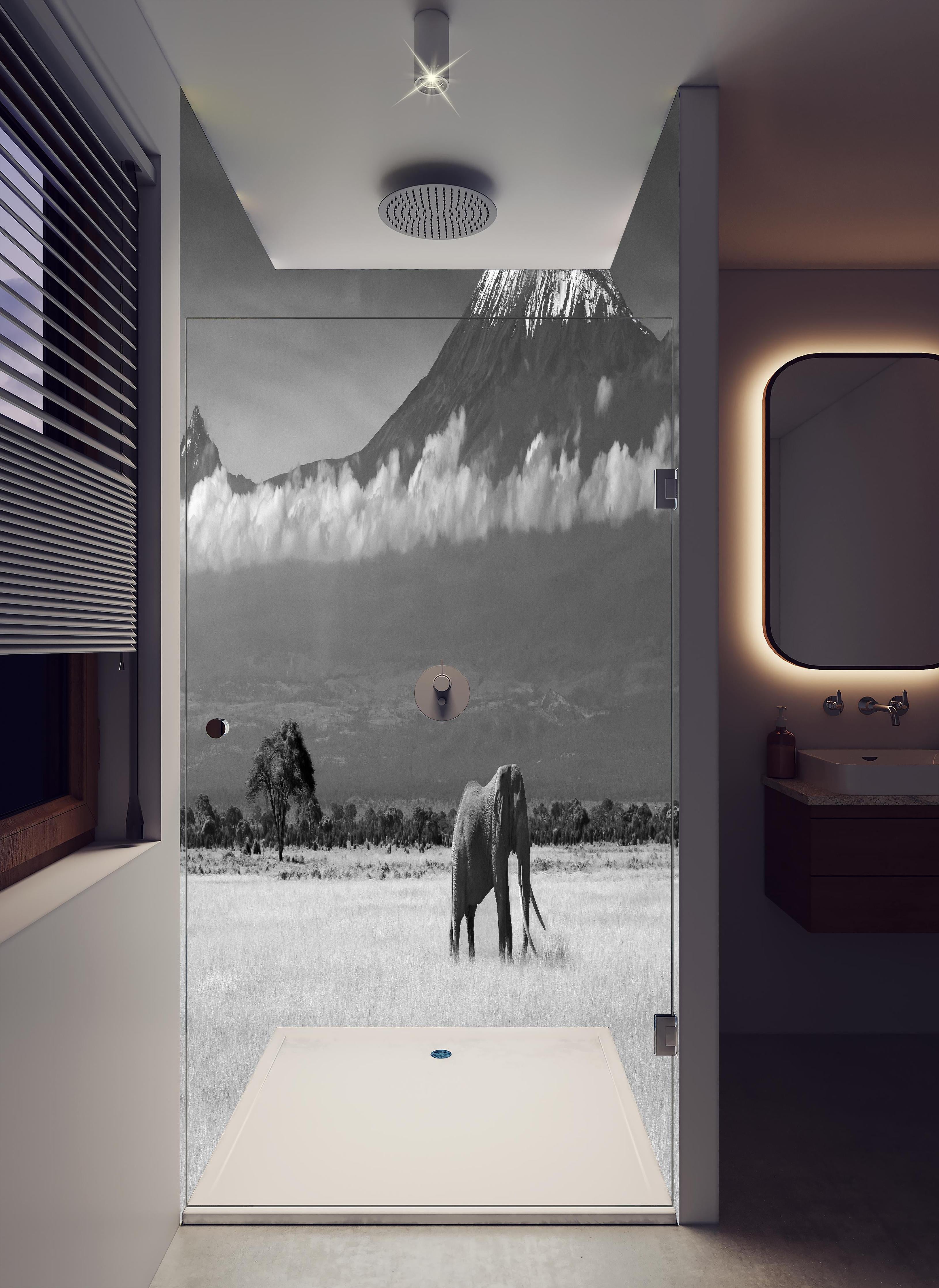 Duschrückwand - Afrikanische Landschaft - Schwarz-weiß in hellem Badezimmer mit Regenduschkopf - zweiteilige Eck-Duschrückwand