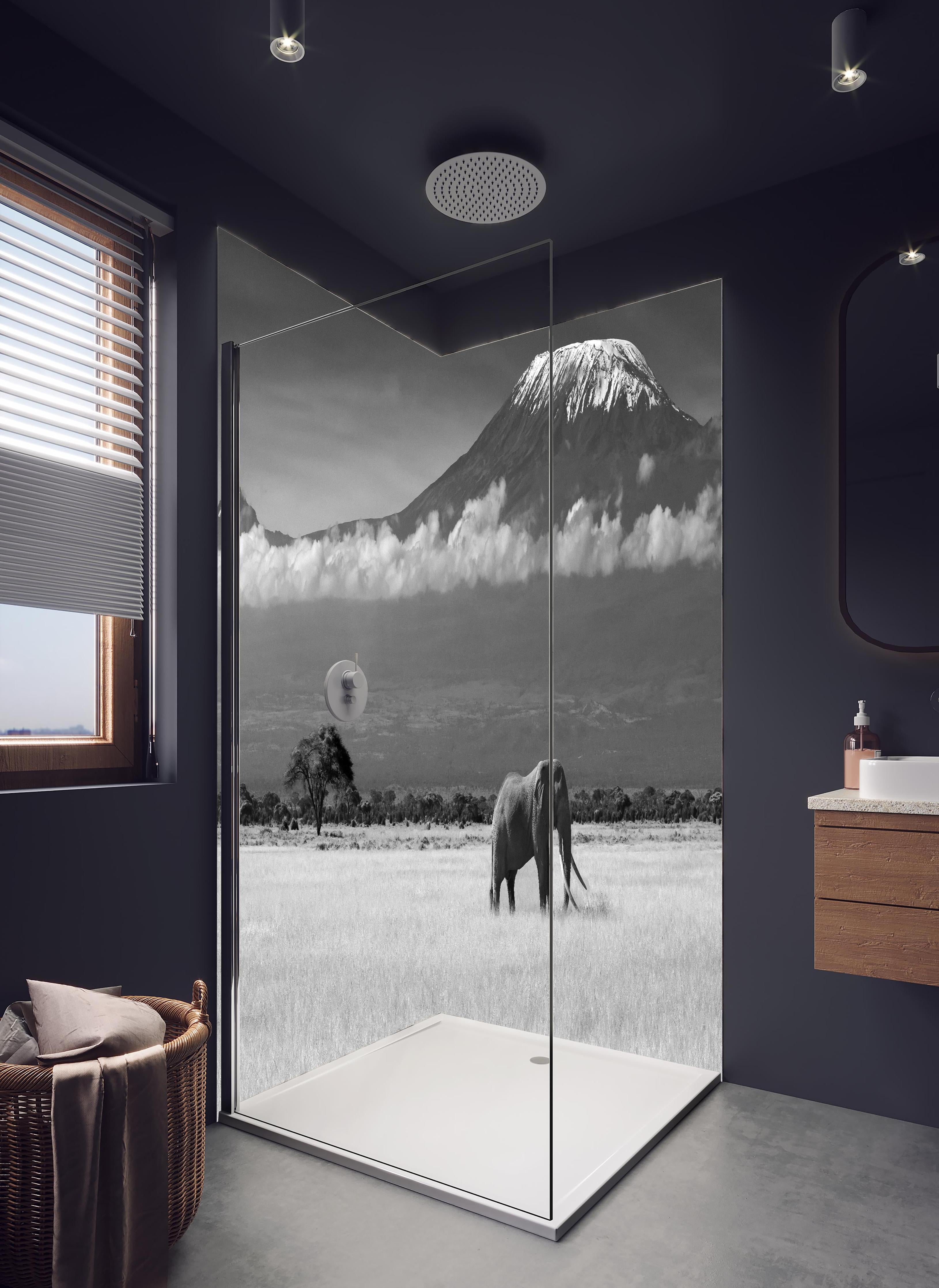 Duschrückwand - Afrikanische Landschaft - Schwarz-weiß in hellem Badezimmer mit Regenduschkopf - zweiteilige Eck-Duschrückwand