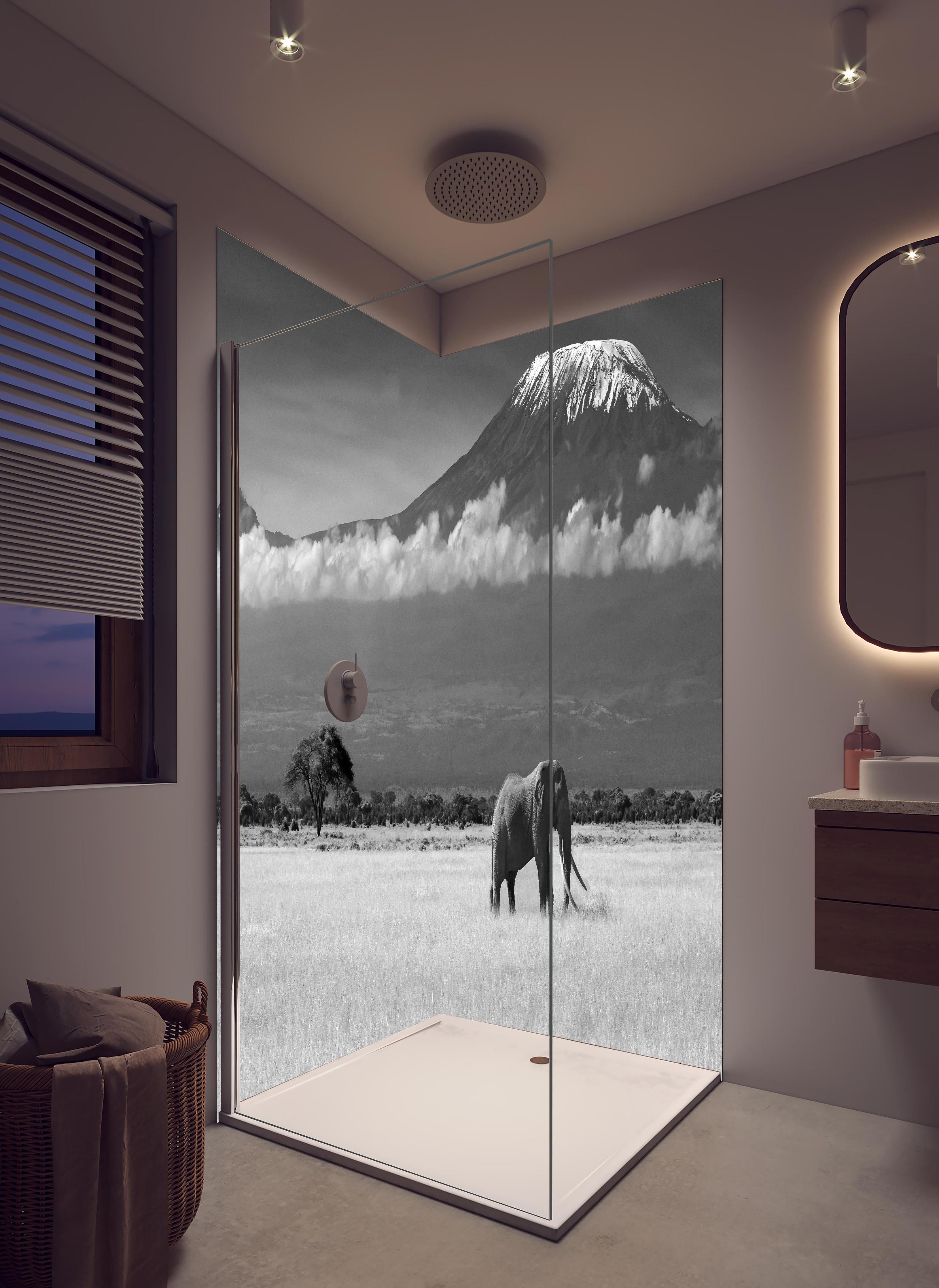 Duschrückwand - Afrikanische Landschaft - Schwarz-weiß in hellem Badezimmer mit Regenduschkopf - zweiteilige Eck-Duschrückwand