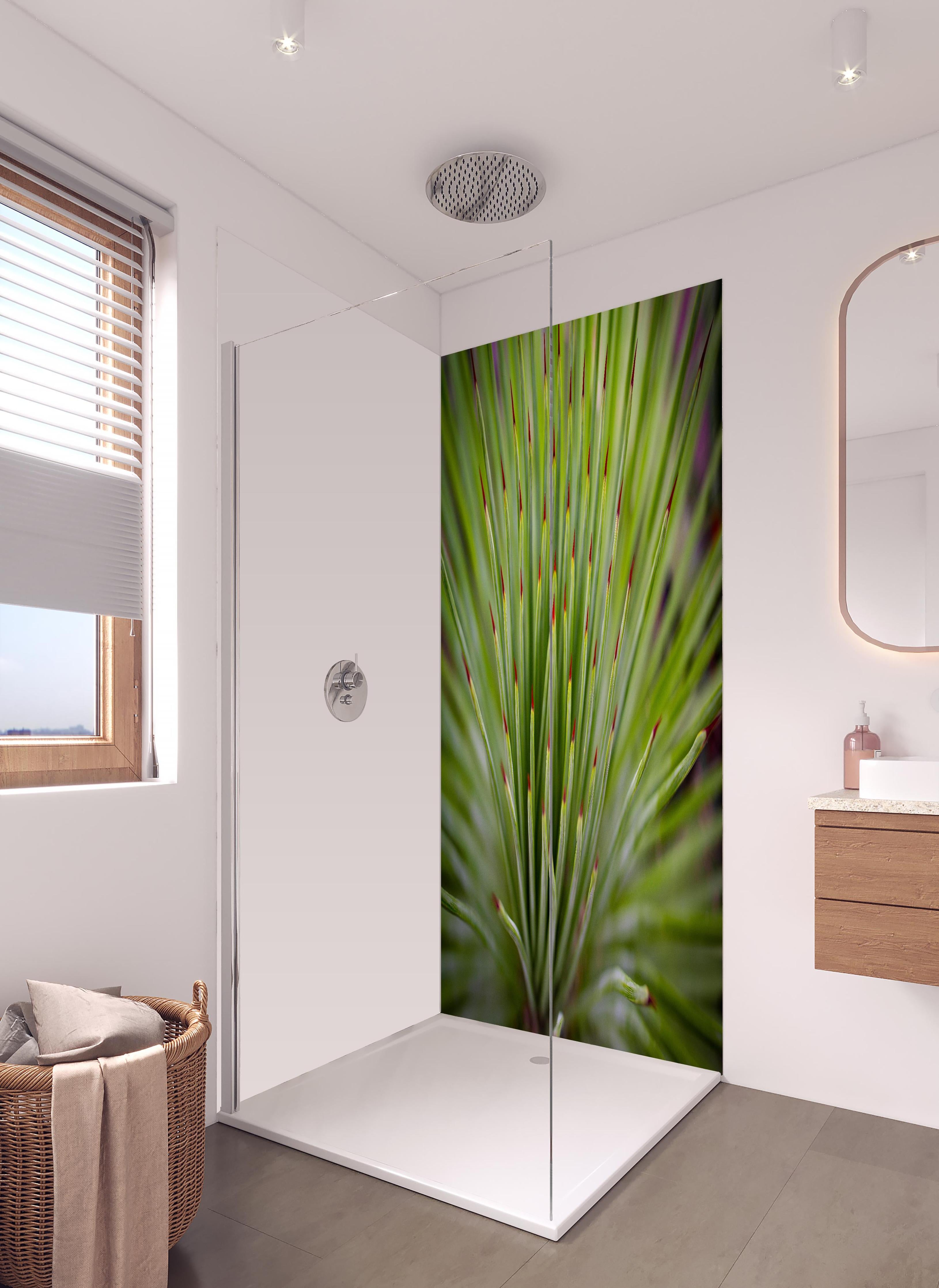 Duschrückwand - Agave striata im Detail in hellem Badezimmer mit Regenduschkopf - zweiteilige Eck-Duschrückwand