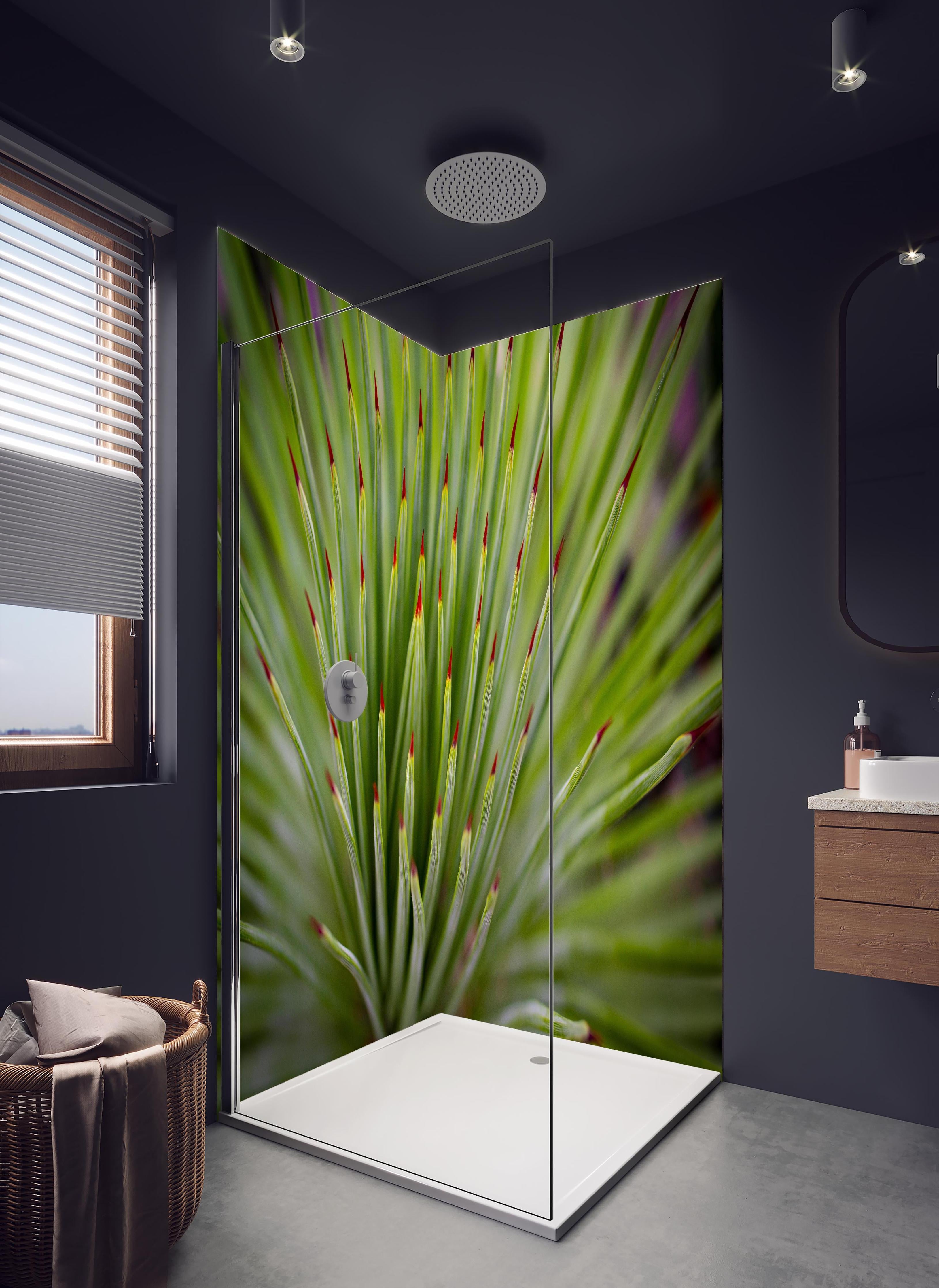Duschrückwand - Agave striata im Detail in hellem Badezimmer mit Regenduschkopf - zweiteilige Eck-Duschrückwand