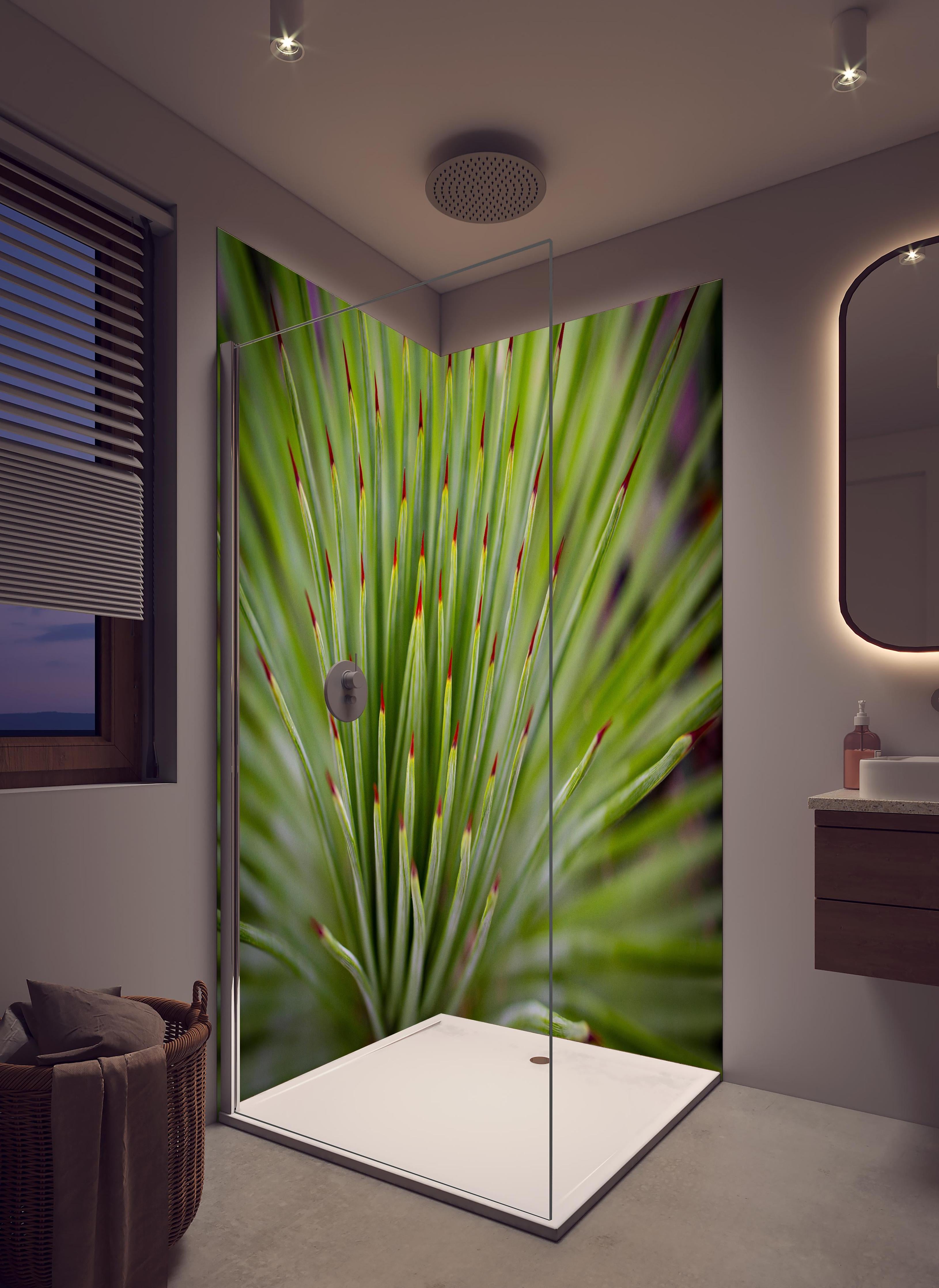 Duschrückwand - Agave striata im Detail in hellem Badezimmer mit Regenduschkopf - zweiteilige Eck-Duschrückwand