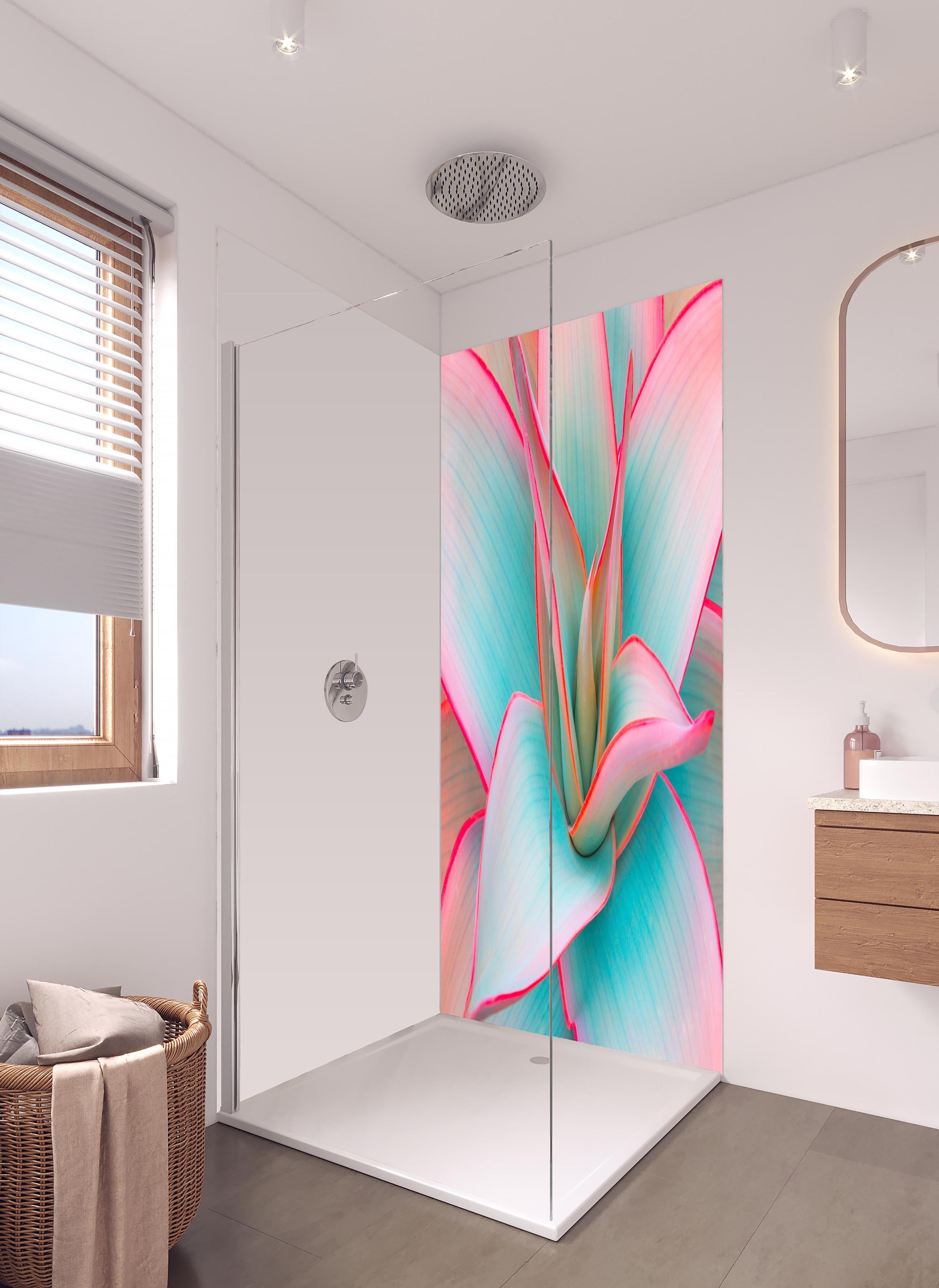Duschrückwand - Agavenblätter in trendigen Pastellfarben in hellem Badezimmer mit Regenduschkopf - zweiteilige Eck-Duschrückwand