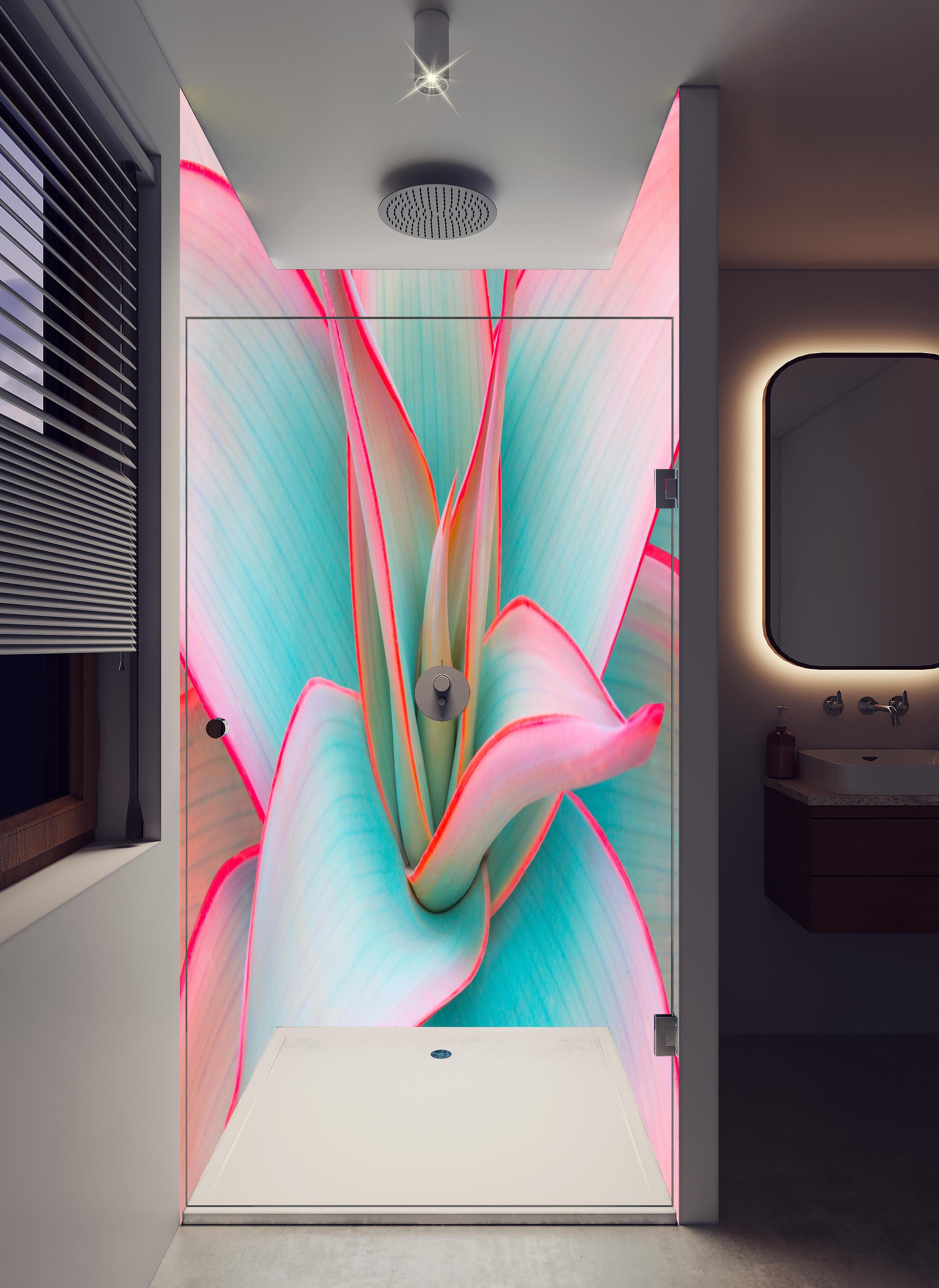 Duschrückwand - Agavenblätter in trendigen Pastellfarben in hellem Badezimmer mit Regenduschkopf - zweiteilige Eck-Duschrückwand