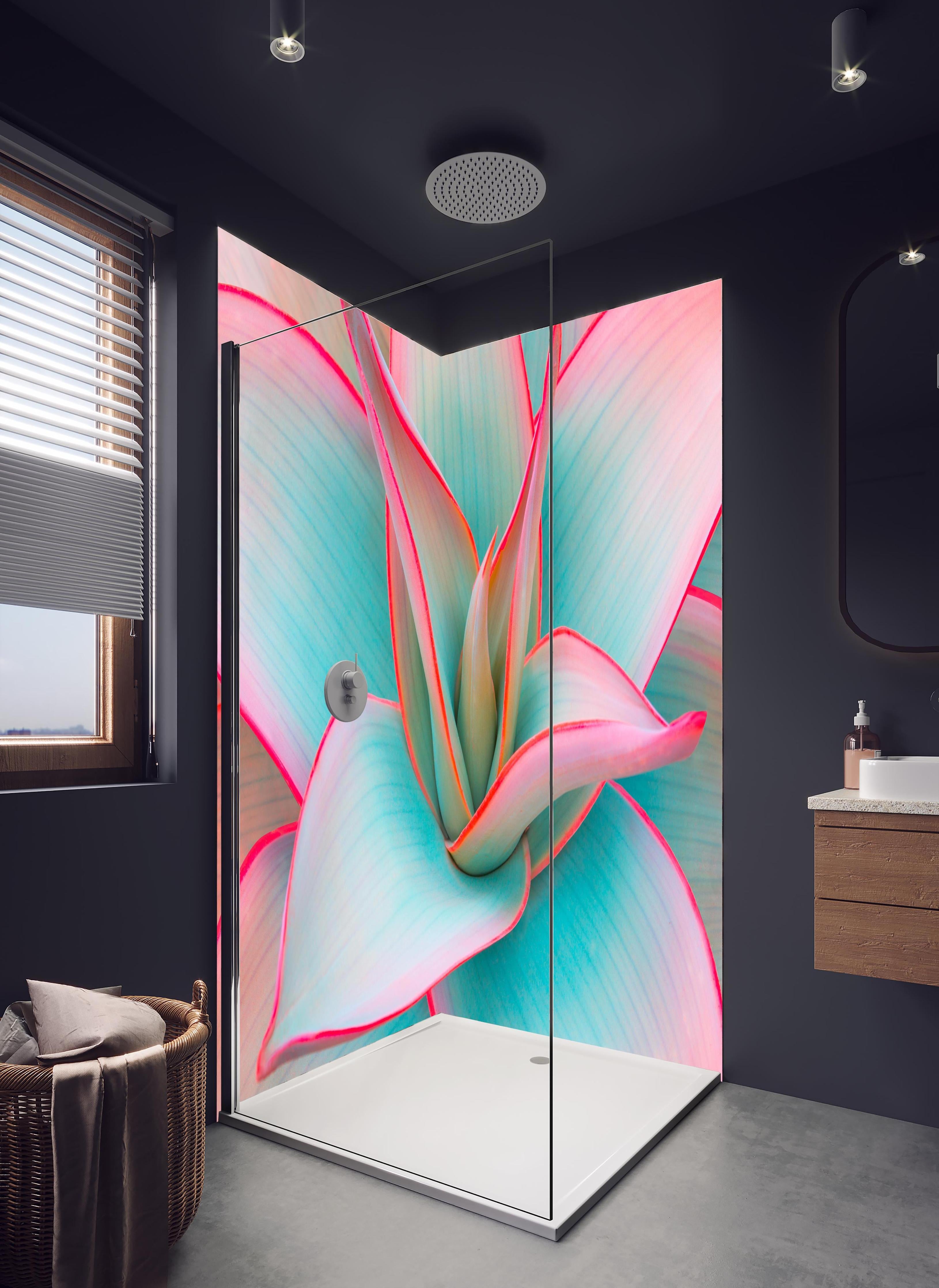 Duschrückwand - Agavenblätter in trendigen Pastellfarben in hellem Badezimmer mit Regenduschkopf - zweiteilige Eck-Duschrückwand