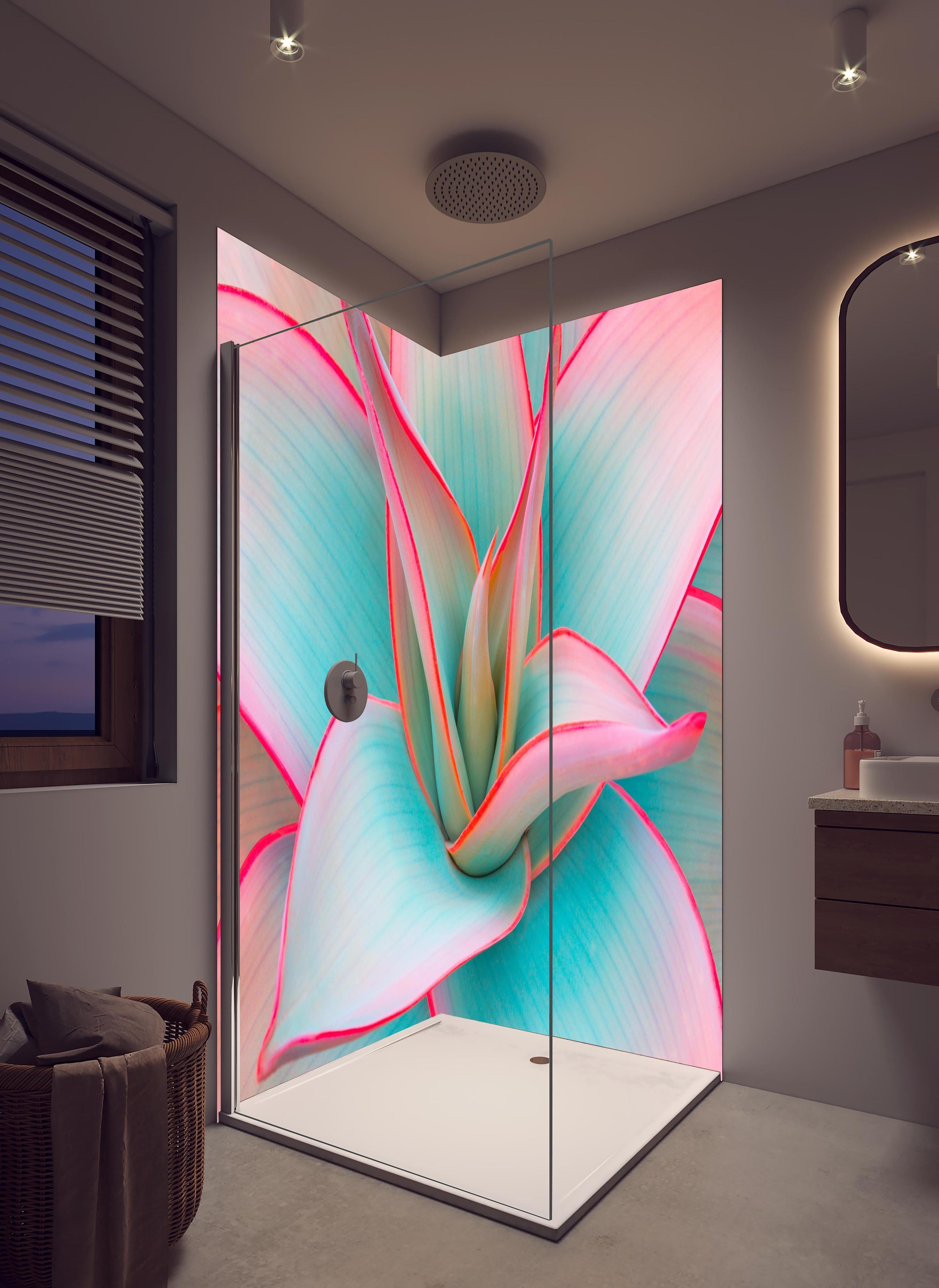Duschrückwand - Agavenblätter in trendigen Pastellfarben in hellem Badezimmer mit Regenduschkopf - zweiteilige Eck-Duschrückwand