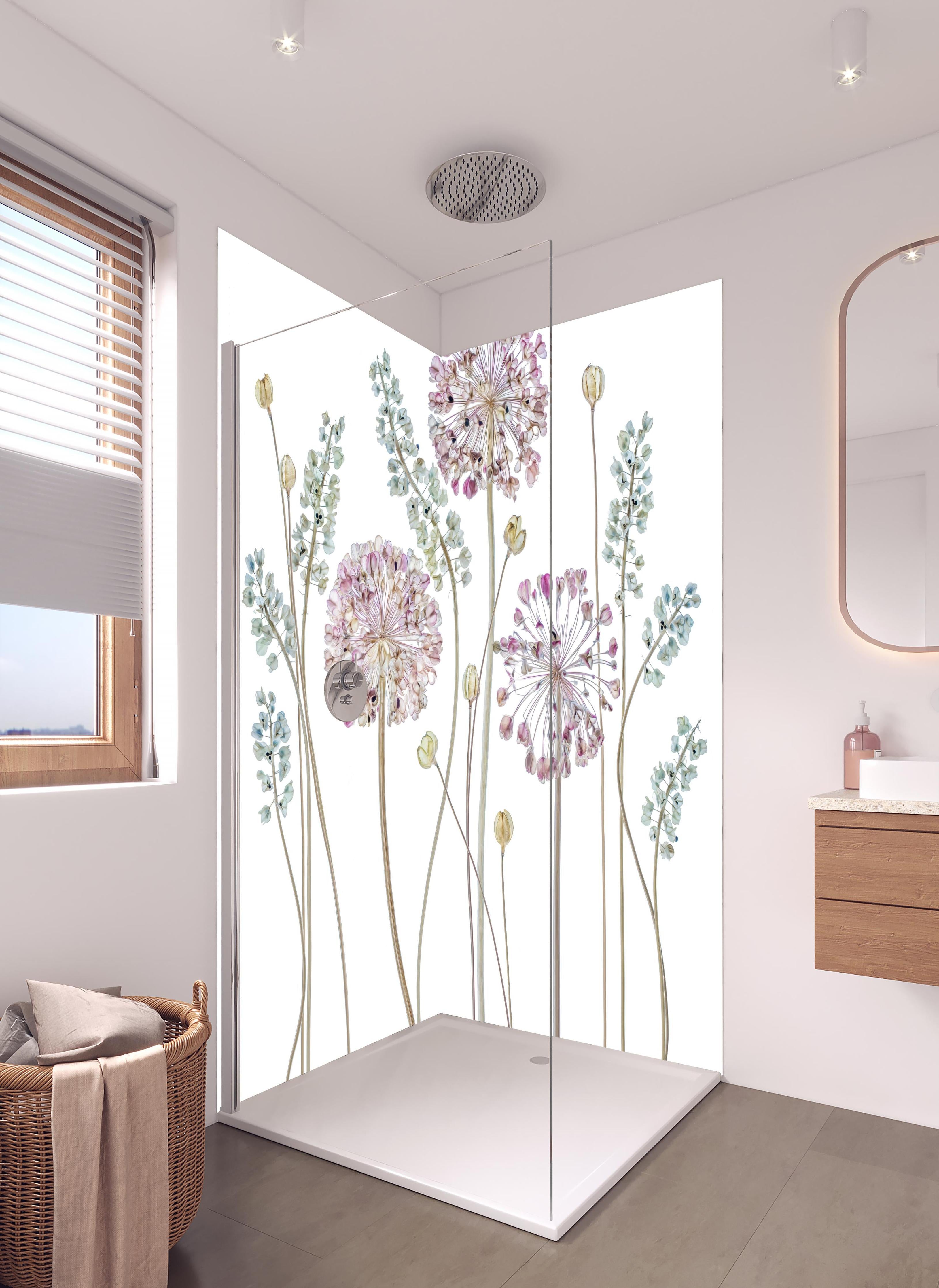Duschrückwand - Allium Pflanzen - Floral in hellem Badezimmer mit Regenduschkopf - zweiteilige Eck-Duschrückwand