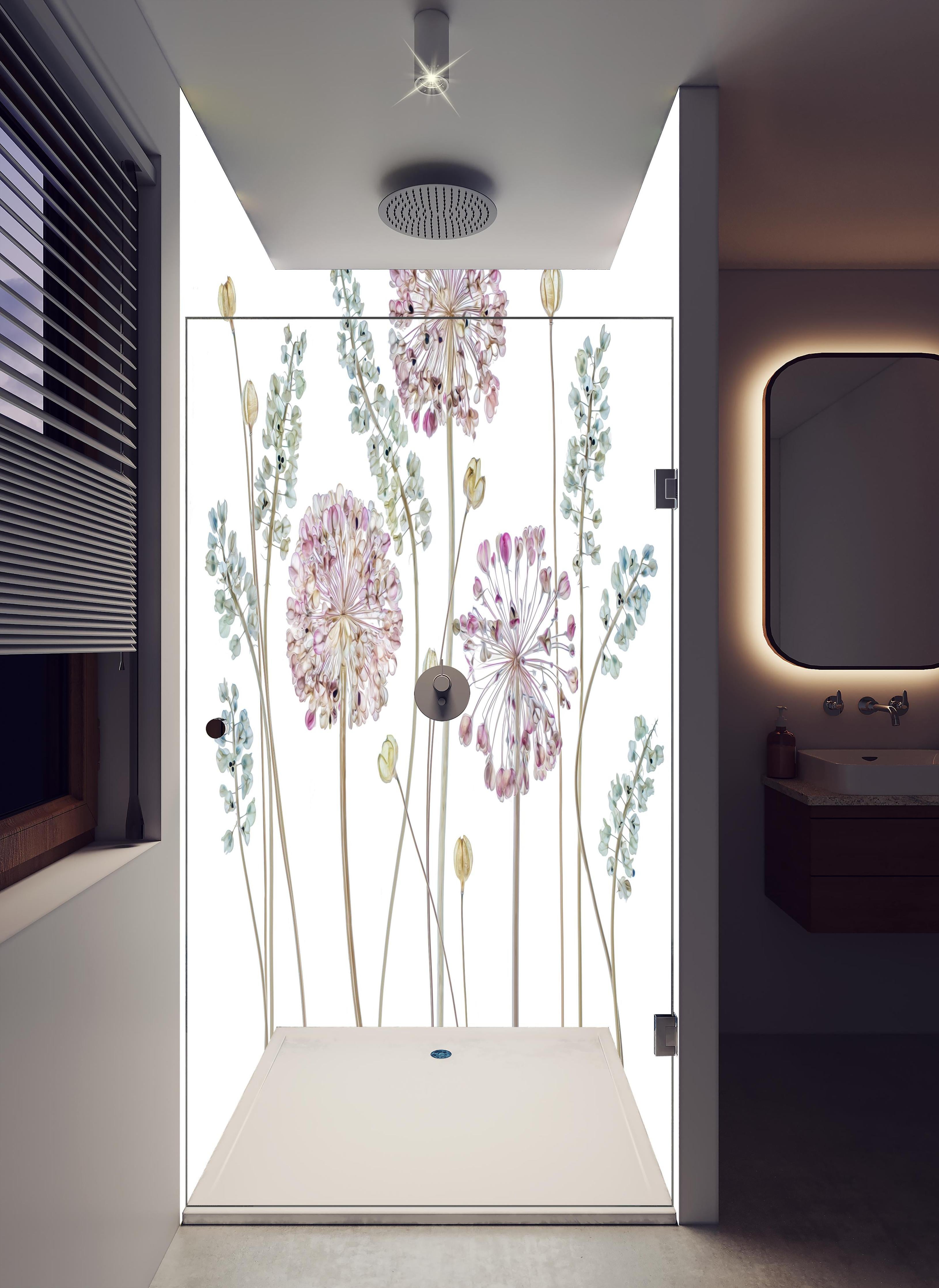 Duschrückwand - Allium Pflanzen - Floral in hellem Badezimmer mit Regenduschkopf - zweiteilige Eck-Duschrückwand