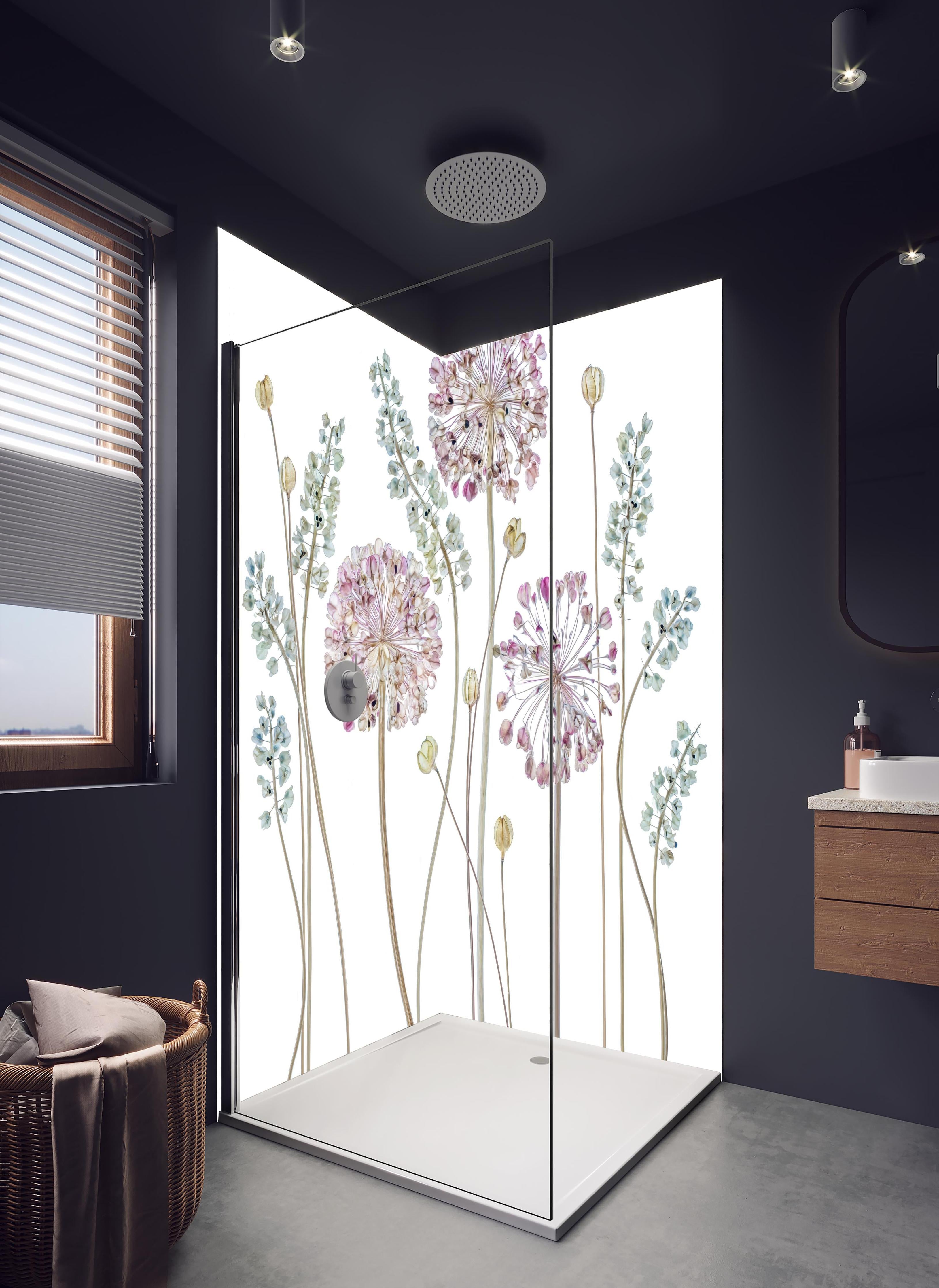 Duschrückwand - Allium Pflanzen - Floral in hellem Badezimmer mit Regenduschkopf - zweiteilige Eck-Duschrückwand