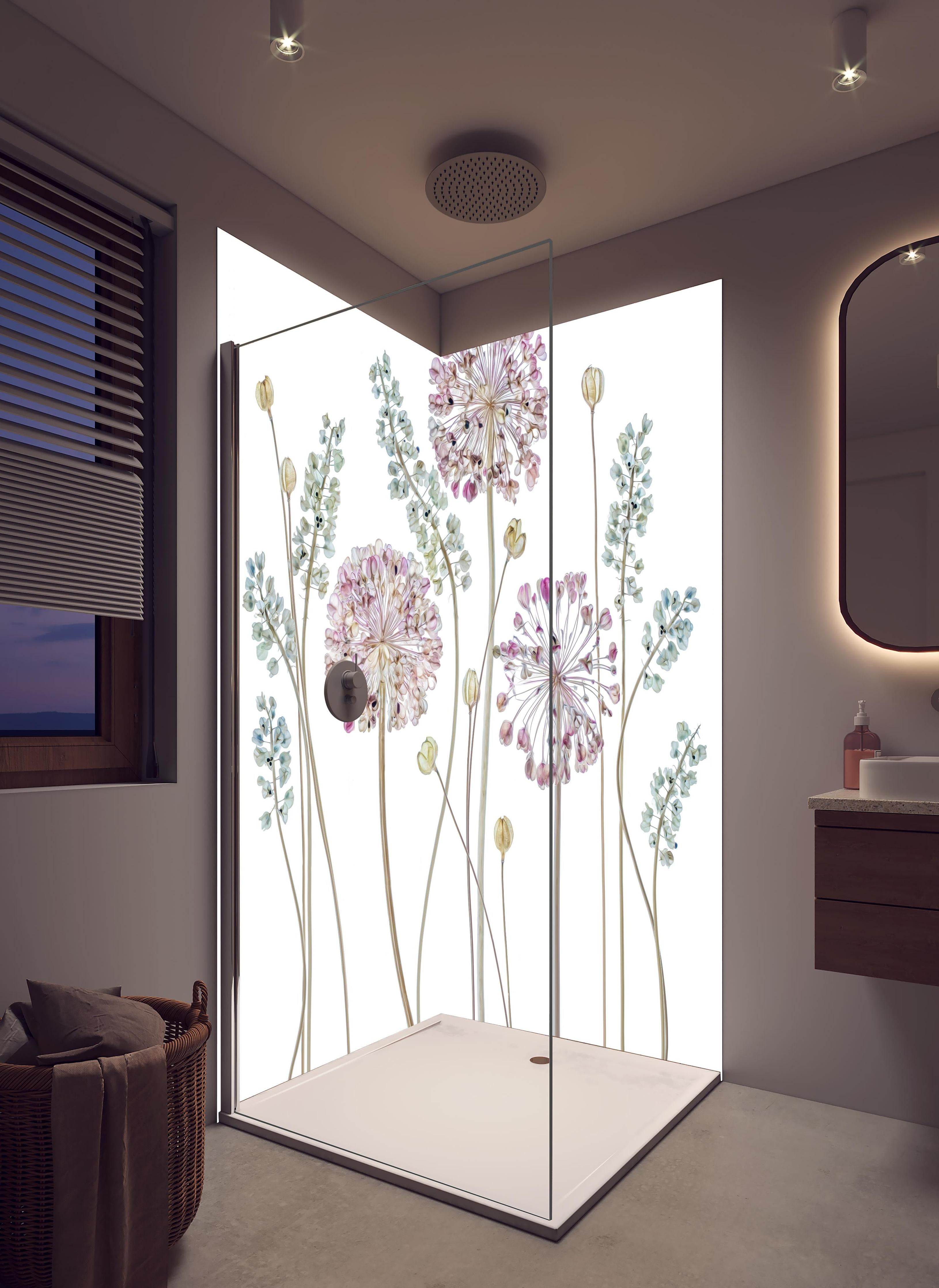 Duschrückwand - Allium Pflanzen - Floral in hellem Badezimmer mit Regenduschkopf - zweiteilige Eck-Duschrückwand