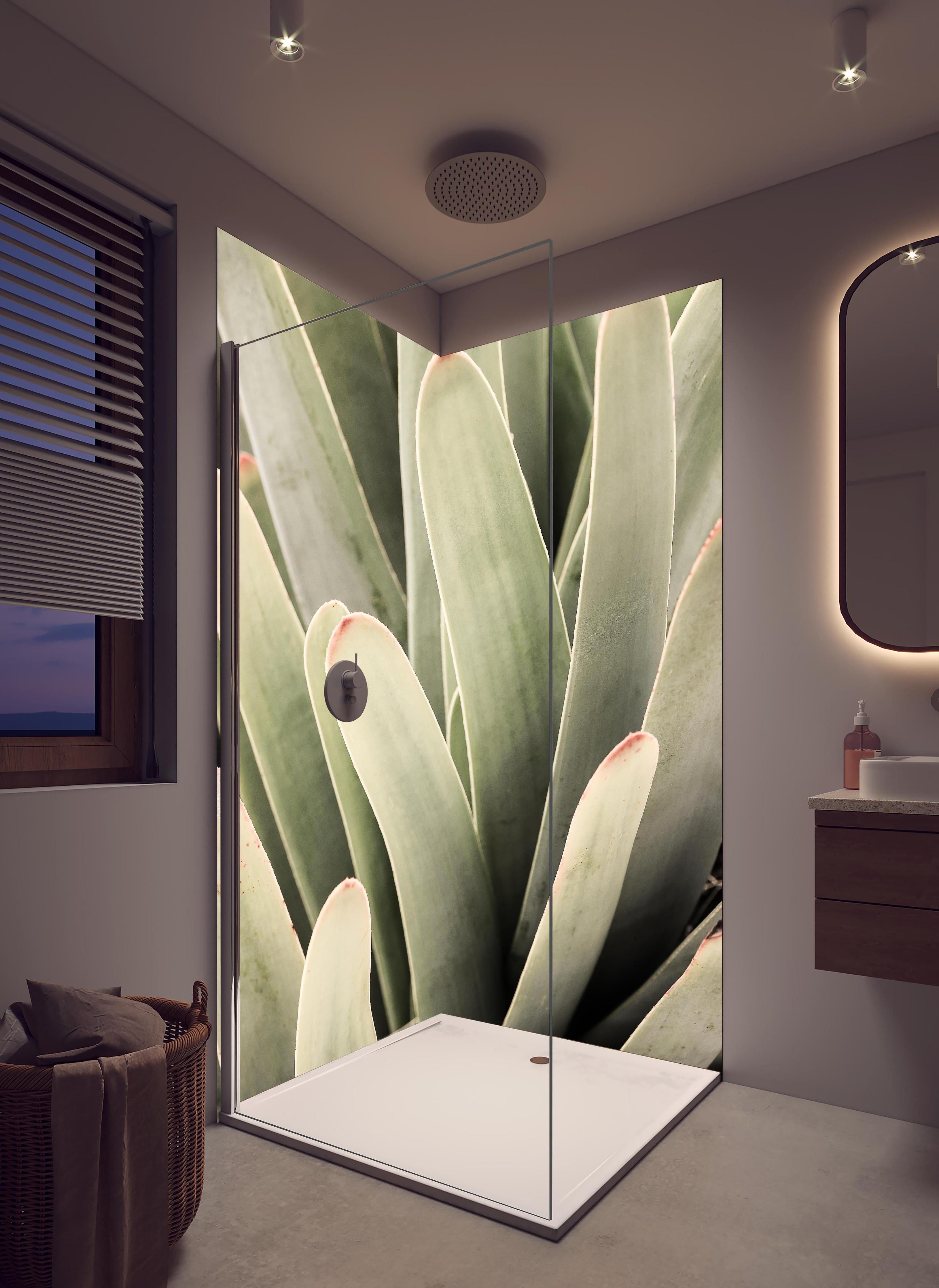 Duschrückwand - Aloe Vera Blätter Detailaufnahme Grüntöne in hellem Badezimmer mit Regenduschkopf - zweiteilige Eck-Duschrückwand