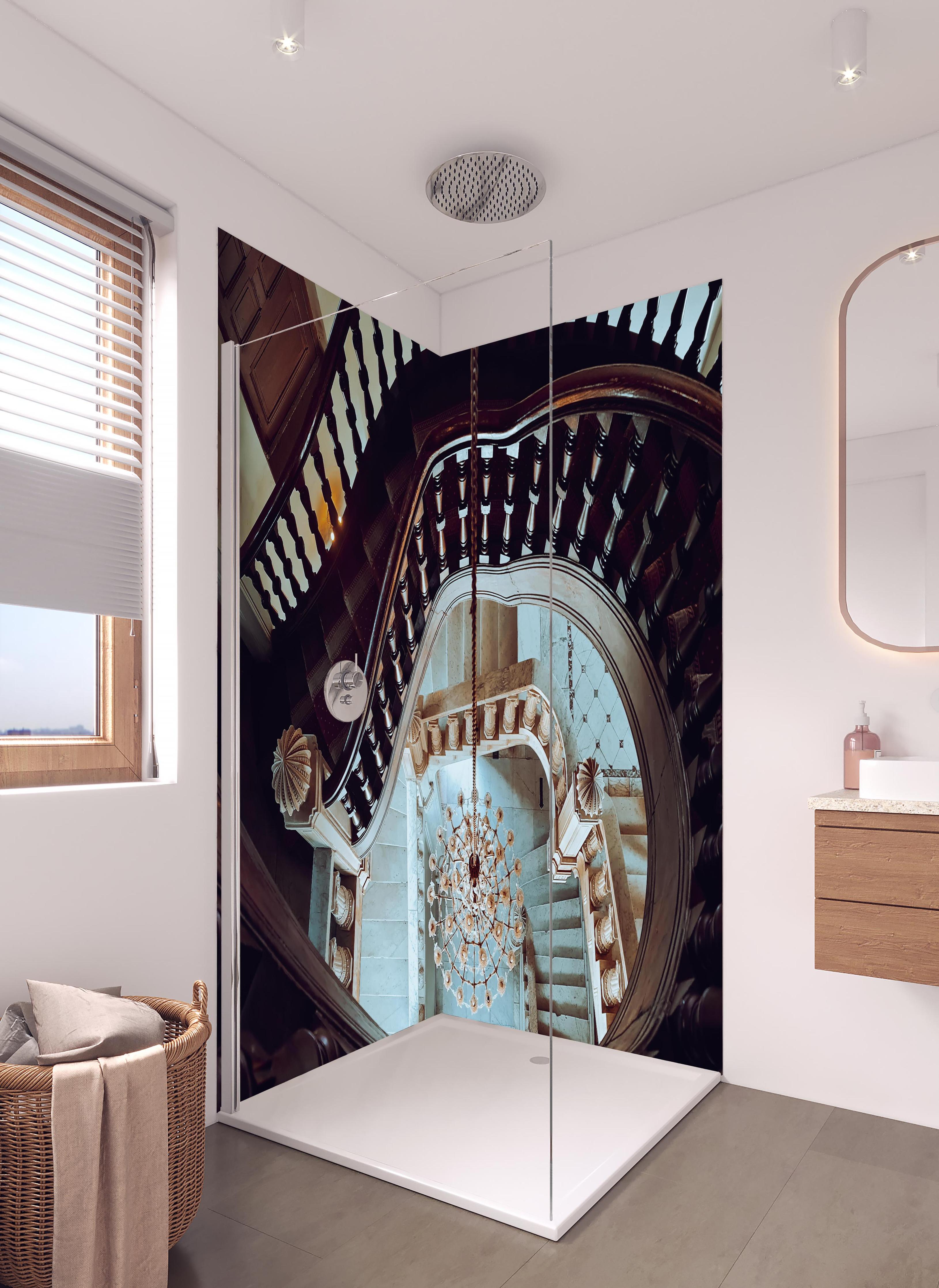 Duschrückwand - Alte Architektur - Baron Empain Palace in hellem Badezimmer mit Regenduschkopf - zweiteilige Eck-Duschrückwand