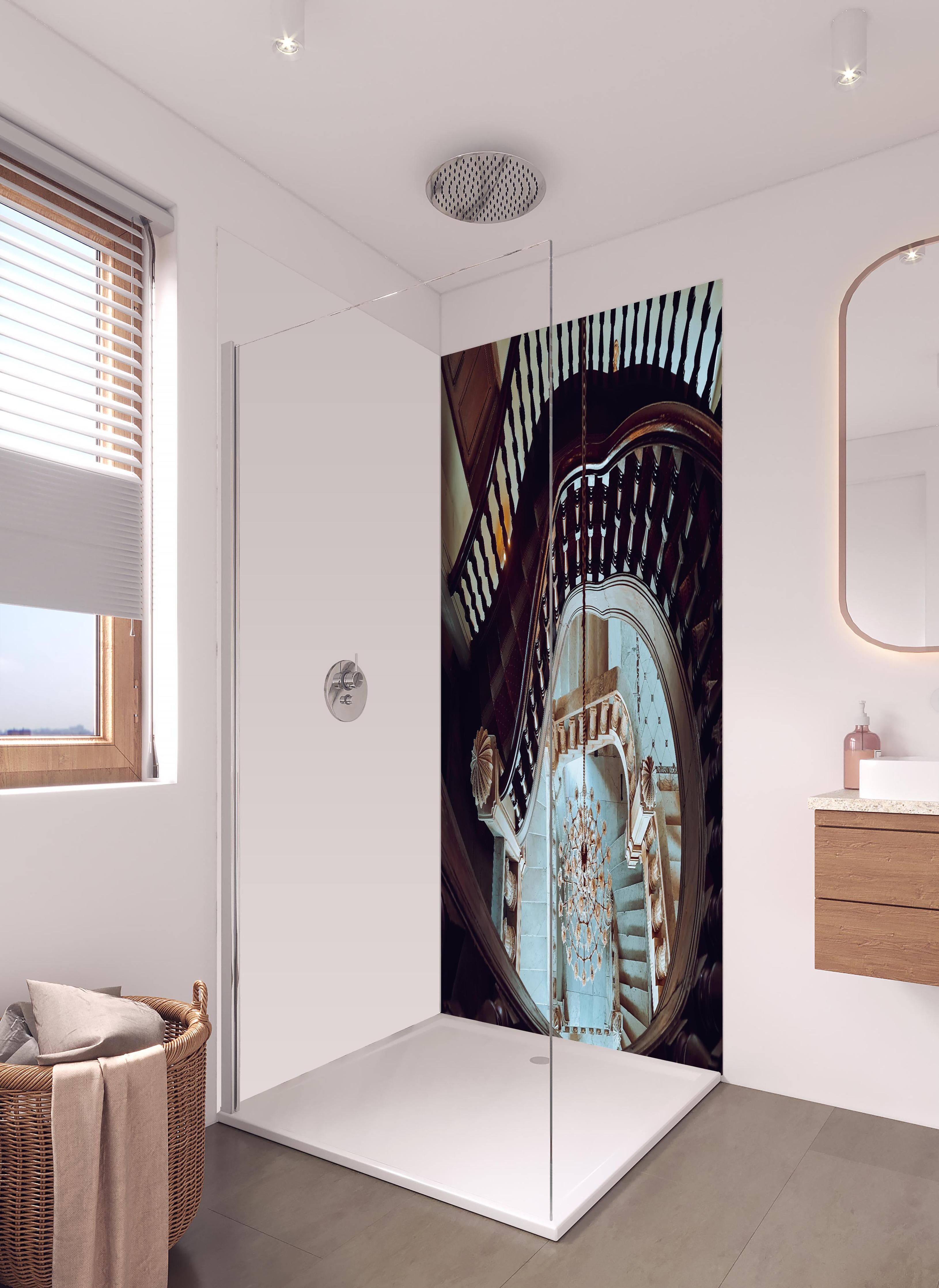 Duschrückwand - Alte Architektur - Baron Empain Palace in hellem Badezimmer mit Regenduschkopf - zweiteilige Eck-Duschrückwand