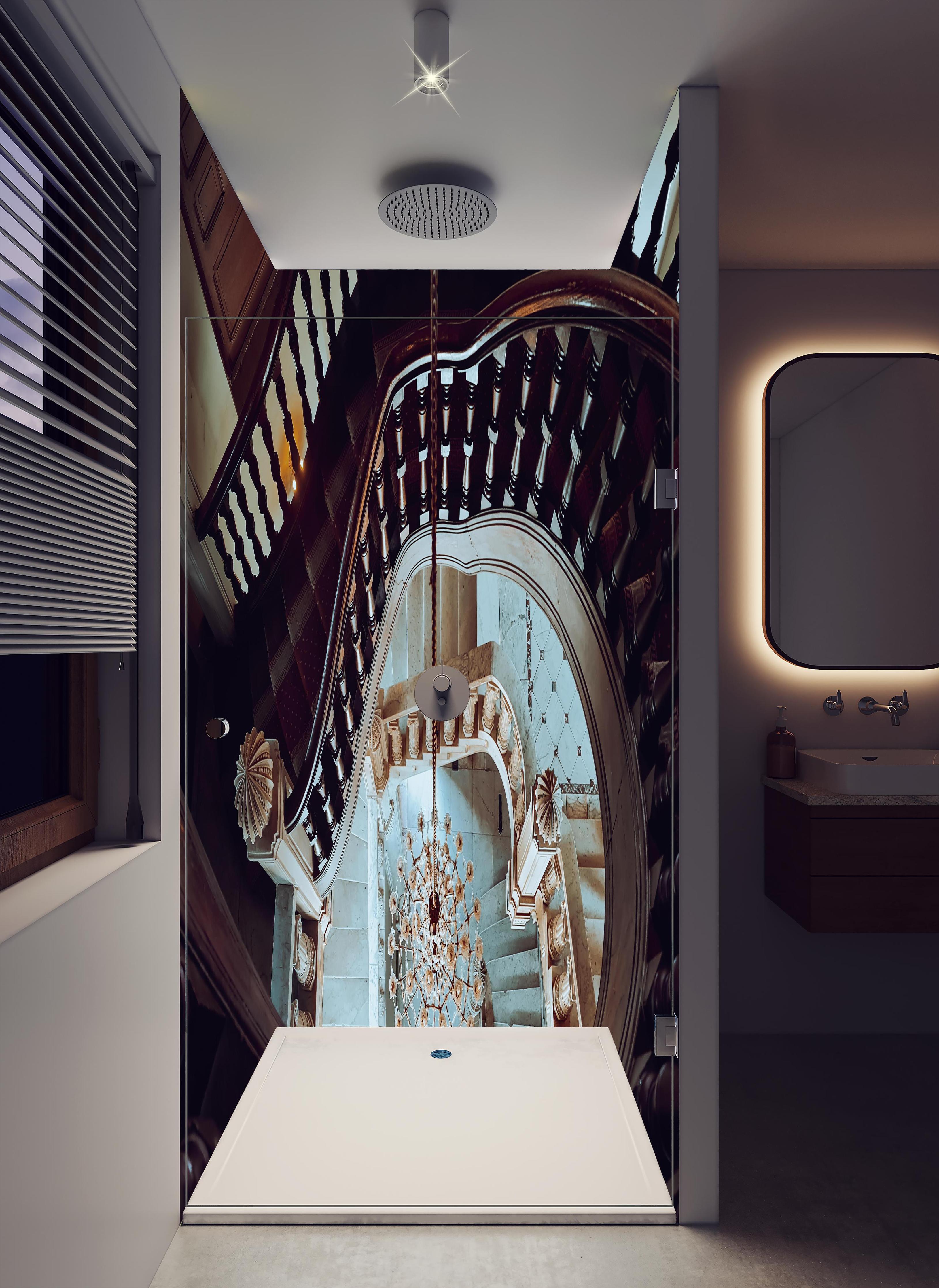 Duschrückwand - Alte Architektur - Baron Empain Palace in hellem Badezimmer mit Regenduschkopf - zweiteilige Eck-Duschrückwand