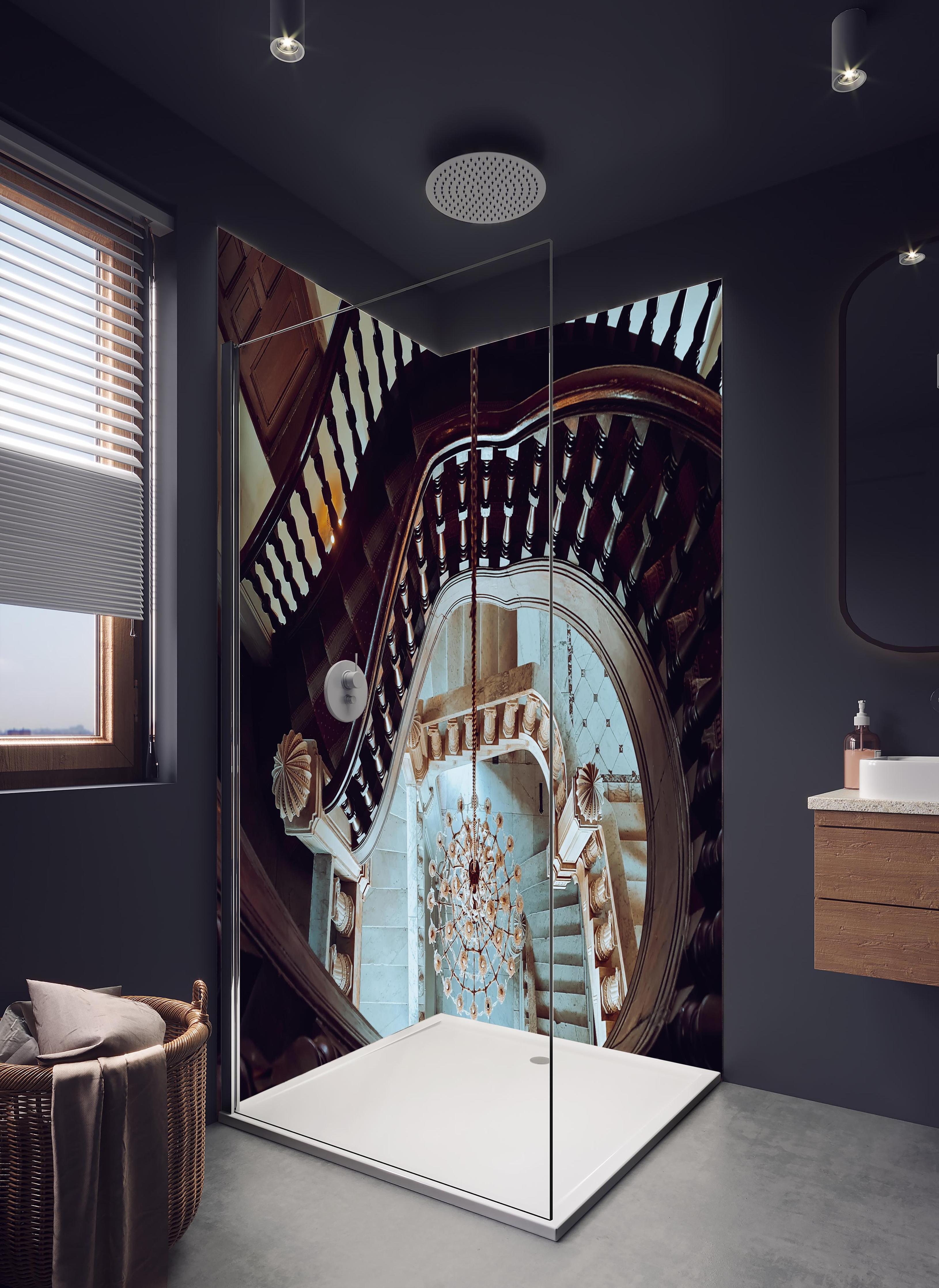 Duschrückwand - Alte Architektur - Baron Empain Palace in hellem Badezimmer mit Regenduschkopf - zweiteilige Eck-Duschrückwand