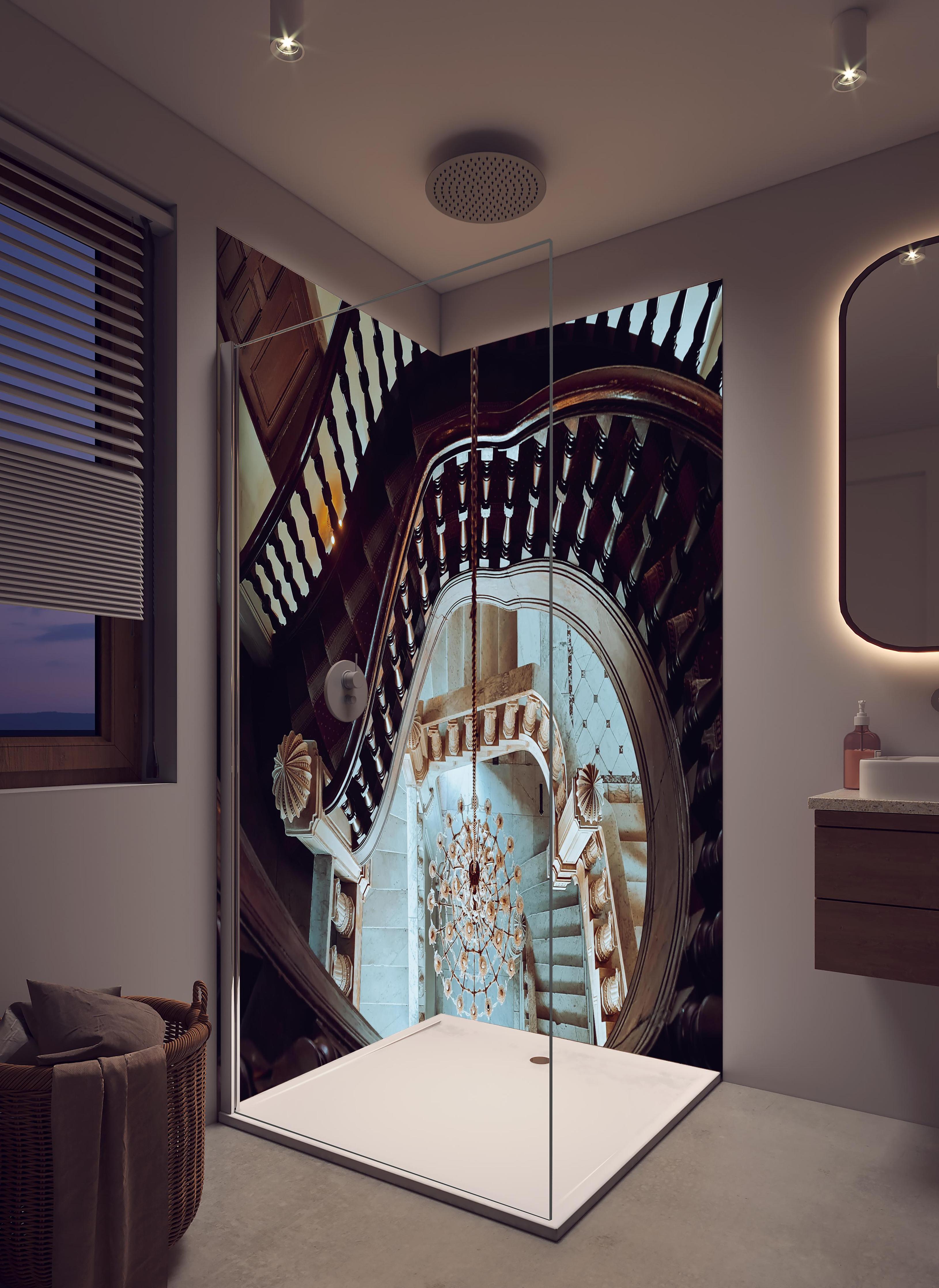 Duschrückwand - Alte Architektur - Baron Empain Palace in hellem Badezimmer mit Regenduschkopf - zweiteilige Eck-Duschrückwand