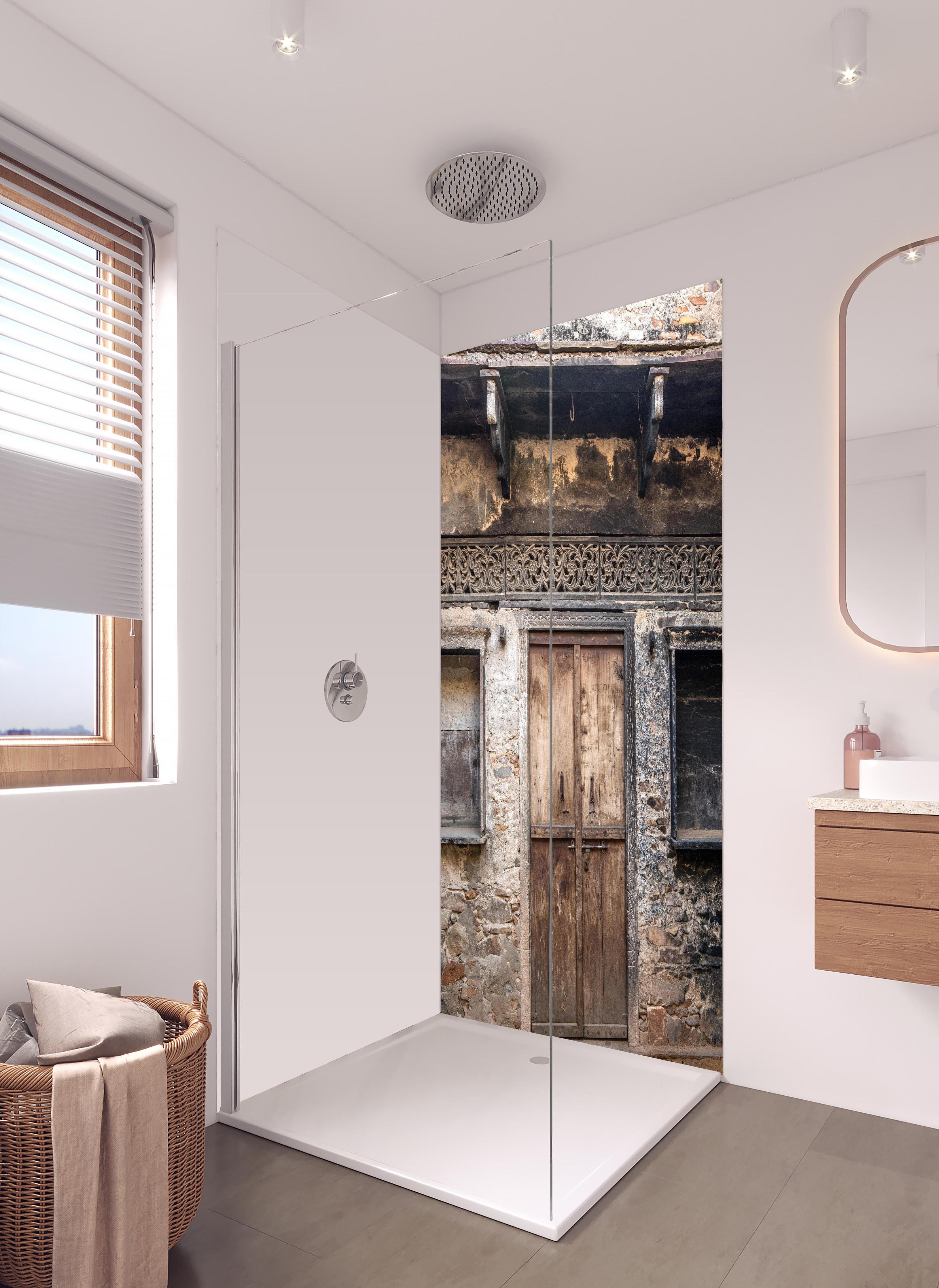 Duschrückwand - Alte Holztür und Wand Texturbild in hellem Badezimmer mit Regenduschkopf - zweiteilige Eck-Duschrückwand