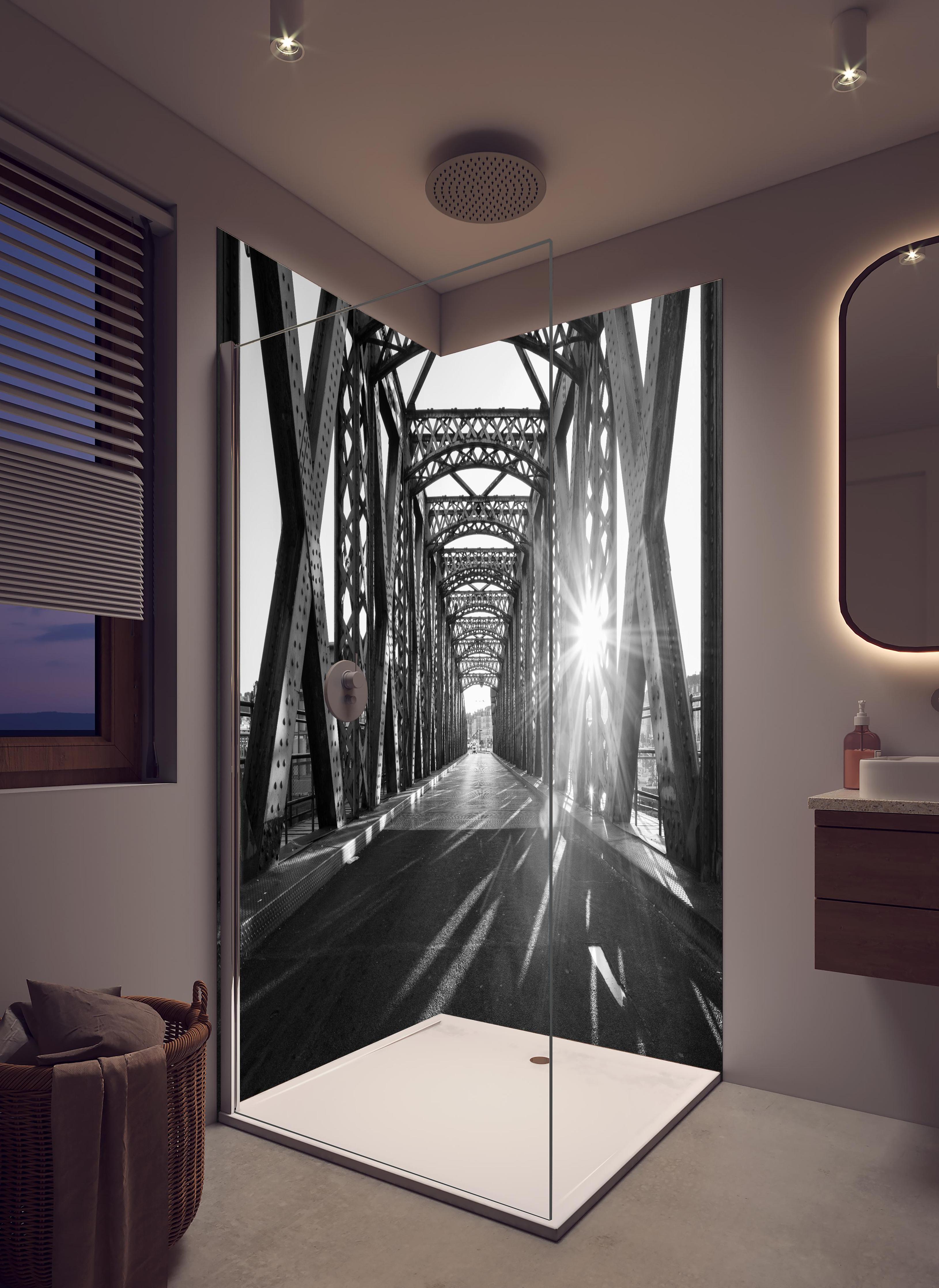Duschrückwand - Alte Stadtbrücke in hellem Badezimmer mit Regenduschkopf - zweiteilige Eck-Duschrückwand