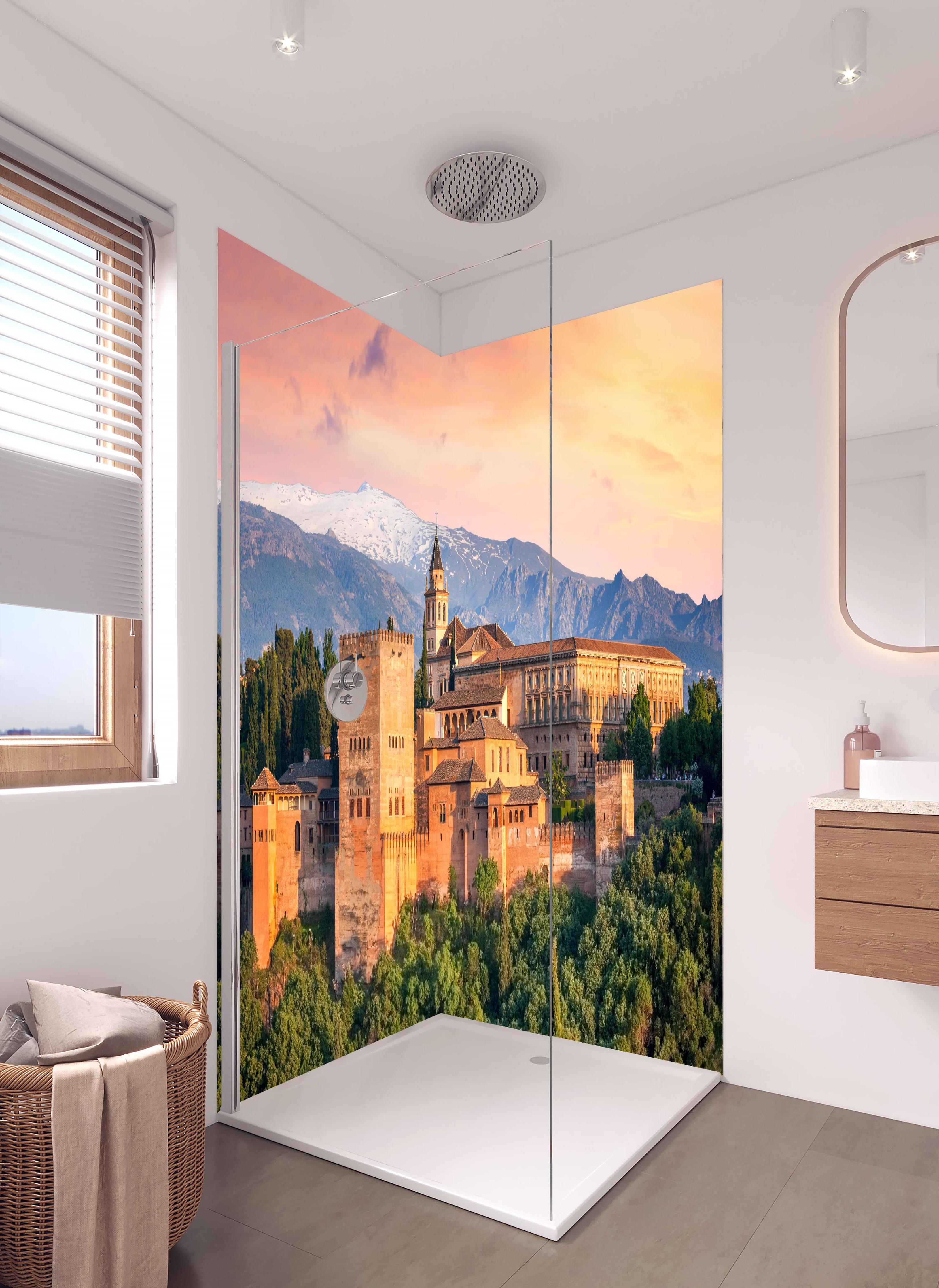 Duschrückwand - Alte arabische Festung - Alhambra in hellem Badezimmer mit Regenduschkopf - zweiteilige Eck-Duschrückwand