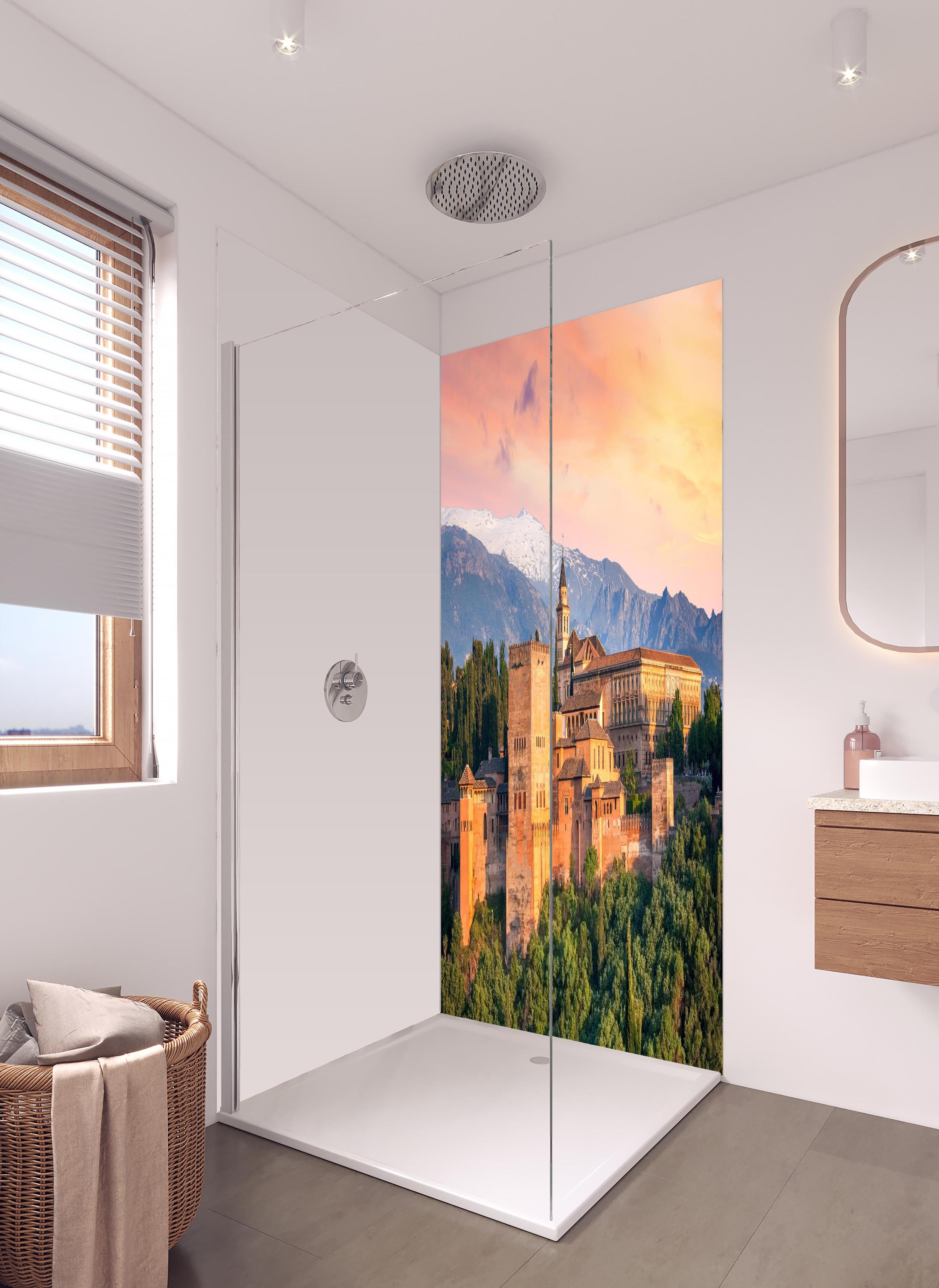 Duschrückwand - Alte arabische Festung - Alhambra in hellem Badezimmer mit Regenduschkopf - zweiteilige Eck-Duschrückwand