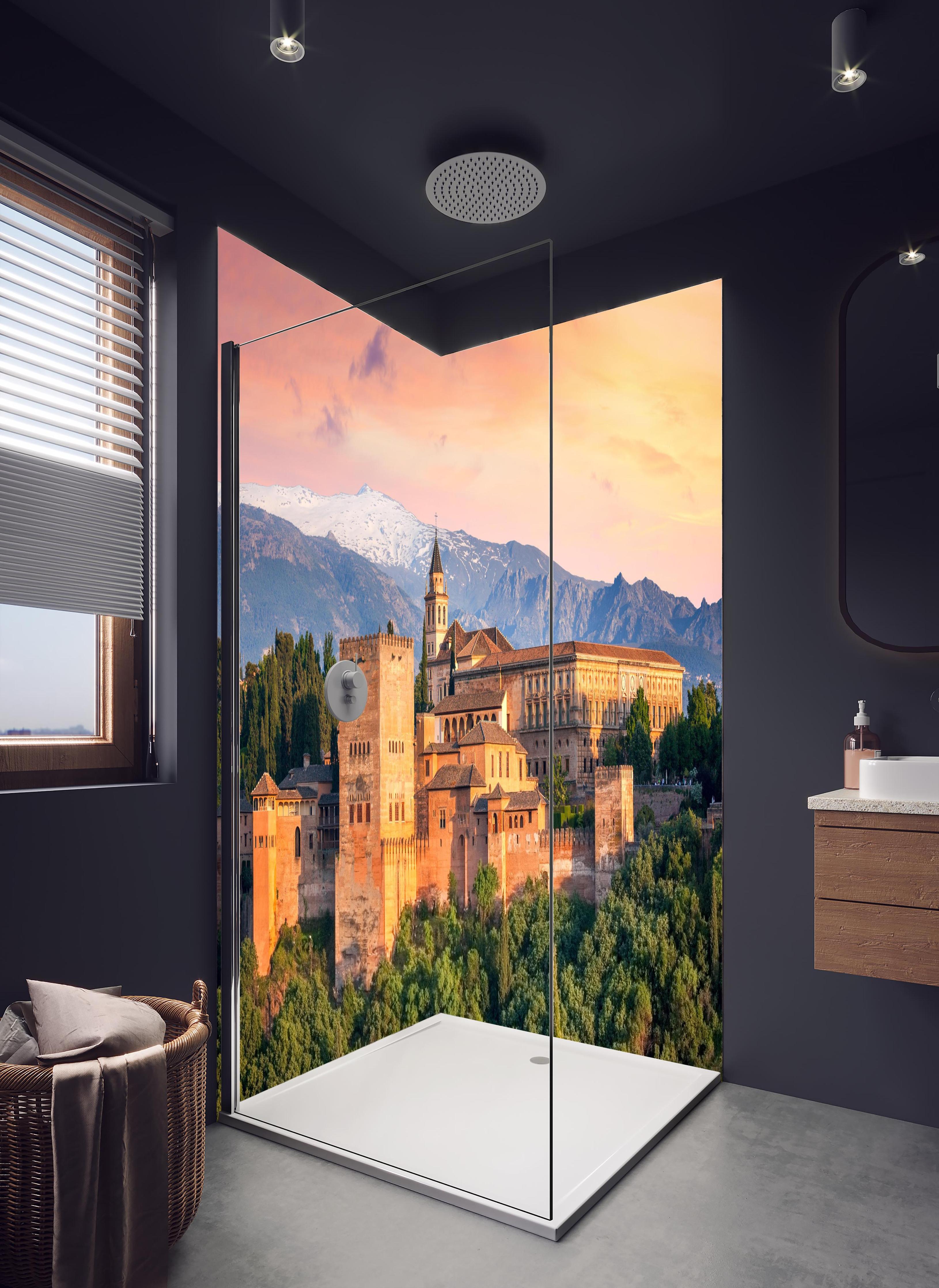 Duschrückwand - Alte arabische Festung - Alhambra in hellem Badezimmer mit Regenduschkopf - zweiteilige Eck-Duschrückwand