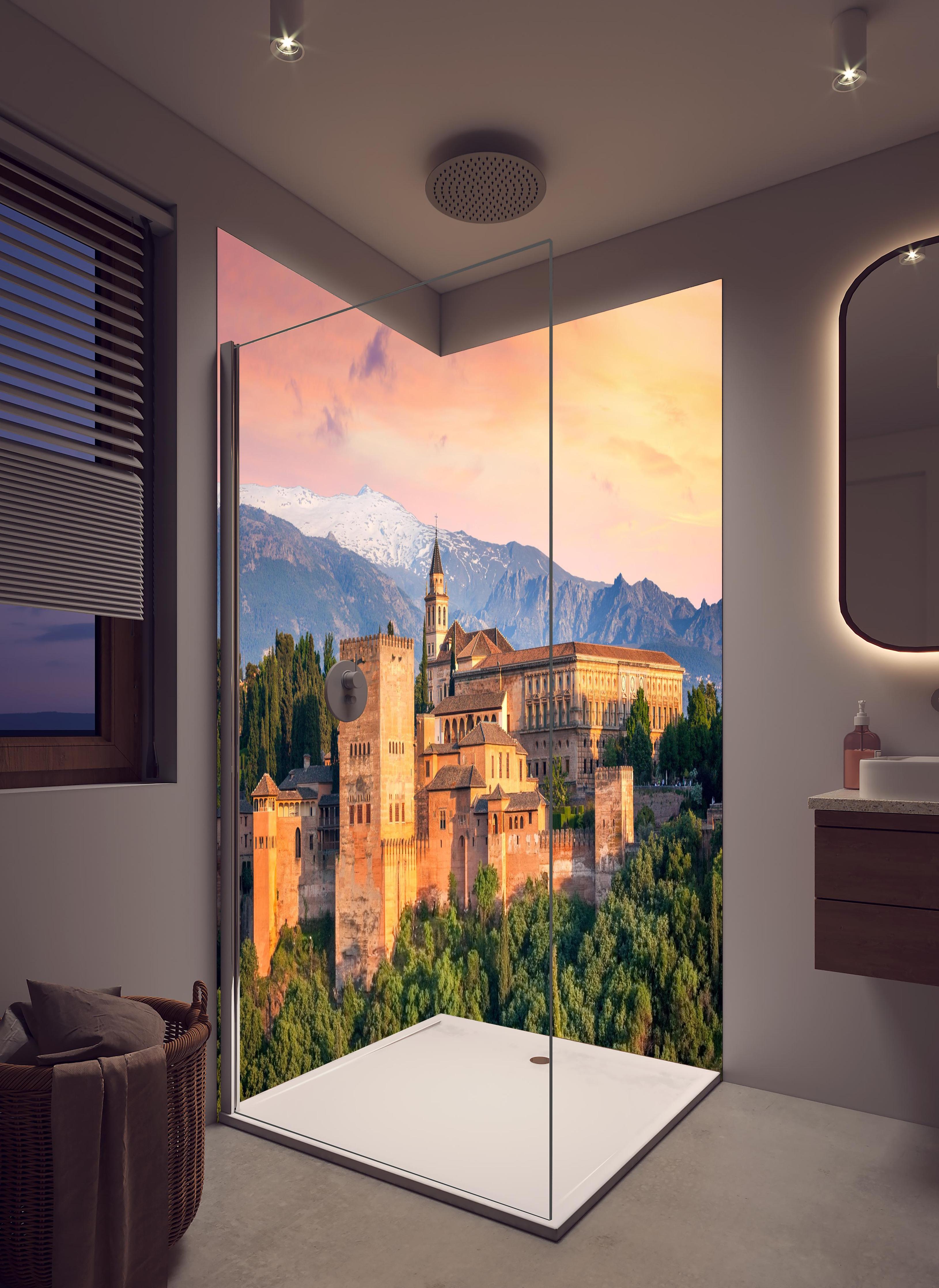 Duschrückwand - Alte arabische Festung - Alhambra in hellem Badezimmer mit Regenduschkopf - zweiteilige Eck-Duschrückwand