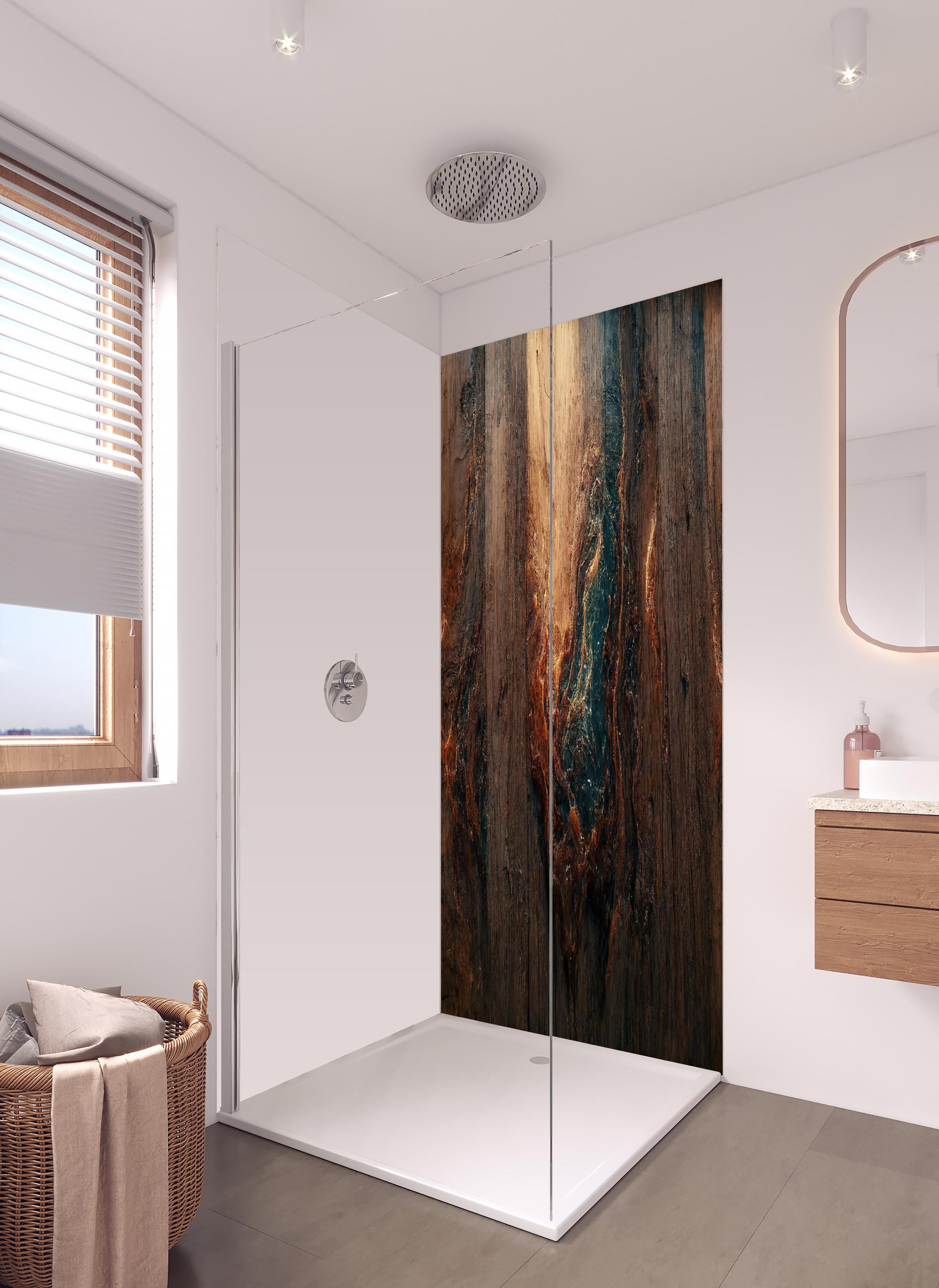 Duschrückwand - Alter Holzhintergrund mit blauem Harz in hellem Badezimmer mit Regenduschkopf - zweiteilige Eck-Duschrückwand