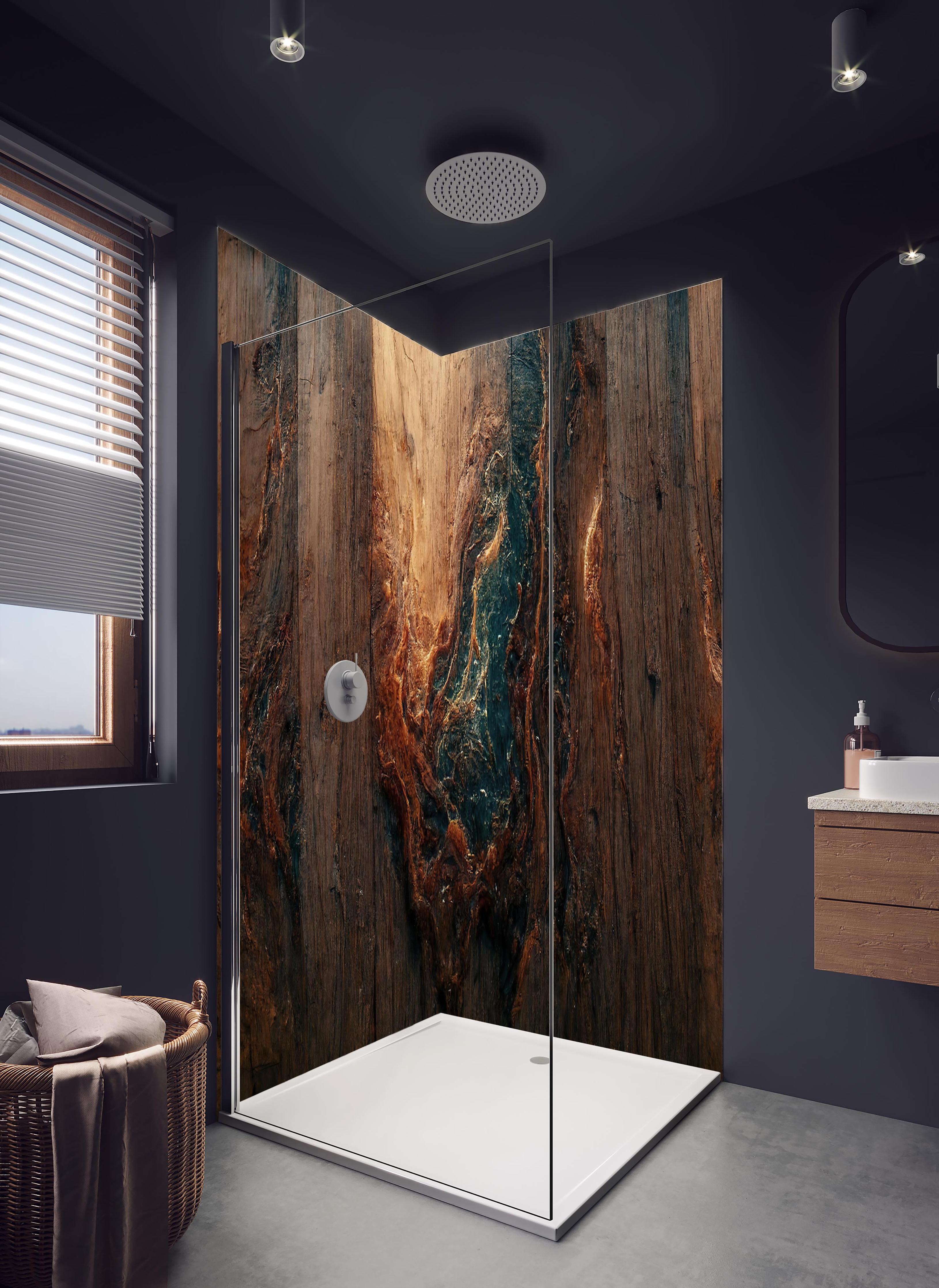 Duschrückwand - Alter Holzhintergrund mit blauem Harz in hellem Badezimmer mit Regenduschkopf - zweiteilige Eck-Duschrückwand