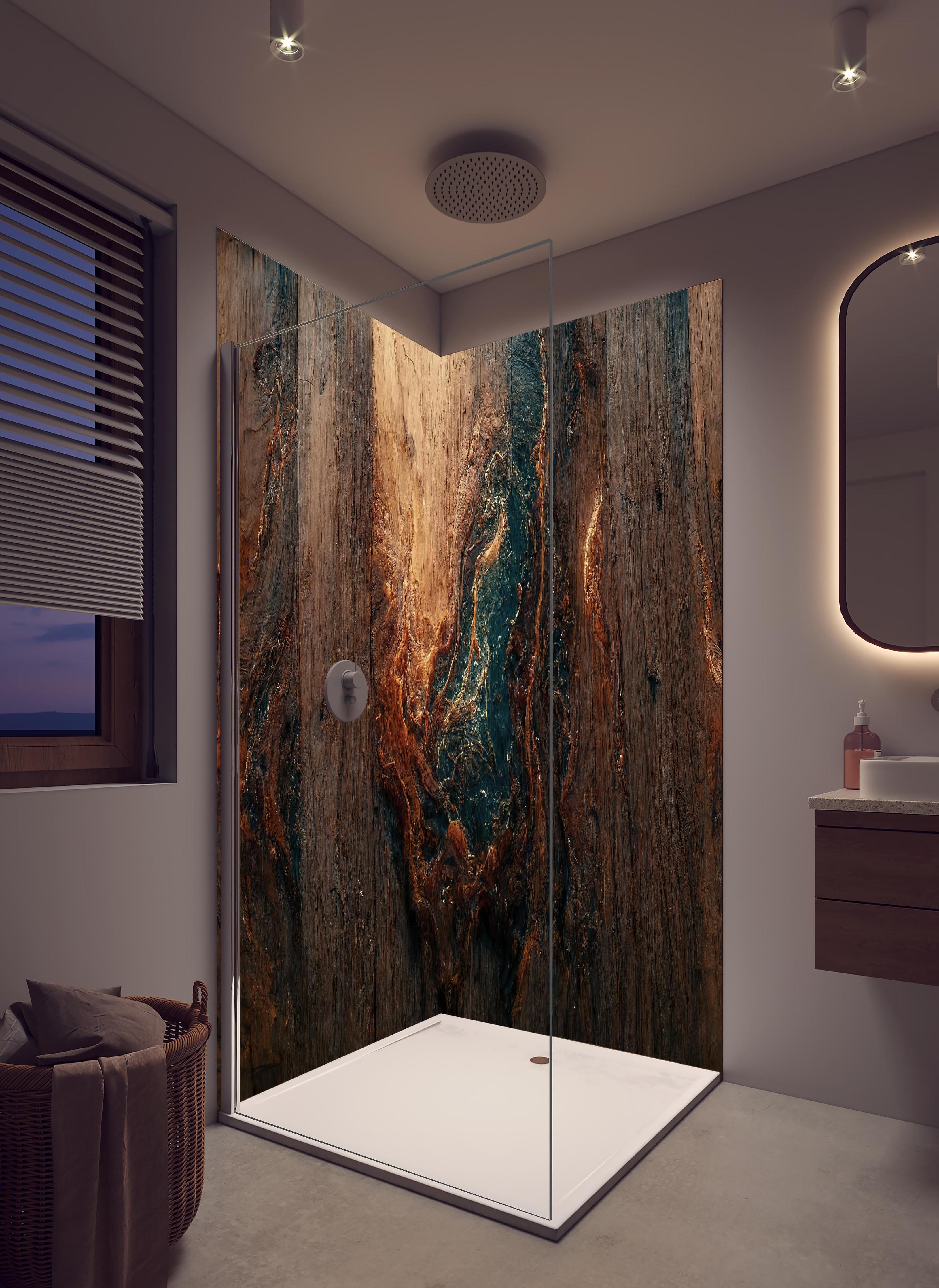 Duschrückwand - Alter Holzhintergrund mit blauem Harz in hellem Badezimmer mit Regenduschkopf - zweiteilige Eck-Duschrückwand