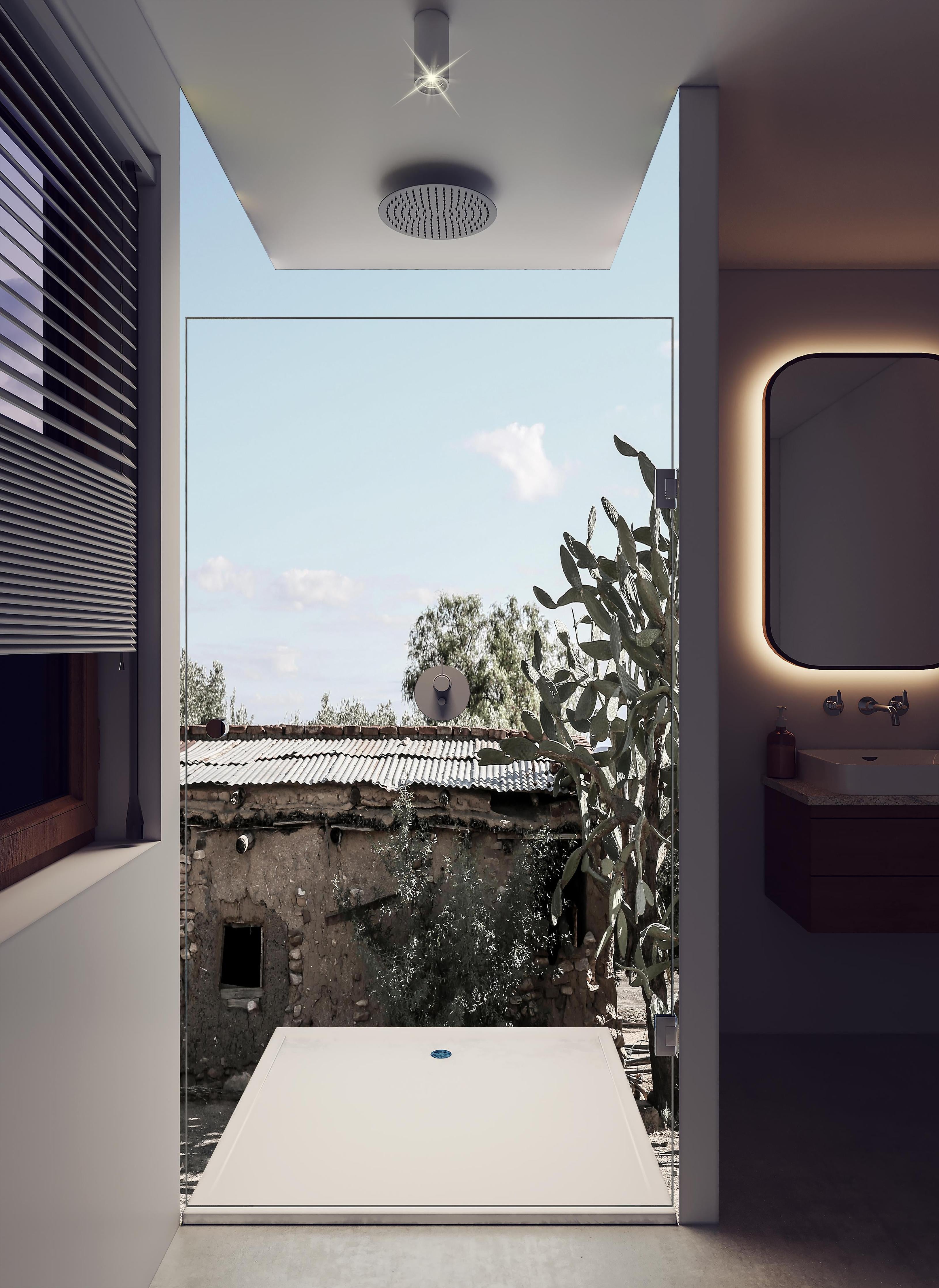 Duschrückwand - Altes Wüstenhaus mit Kakteenschatten in hellem Badezimmer mit Regenduschkopf - zweiteilige Eck-Duschrückwand