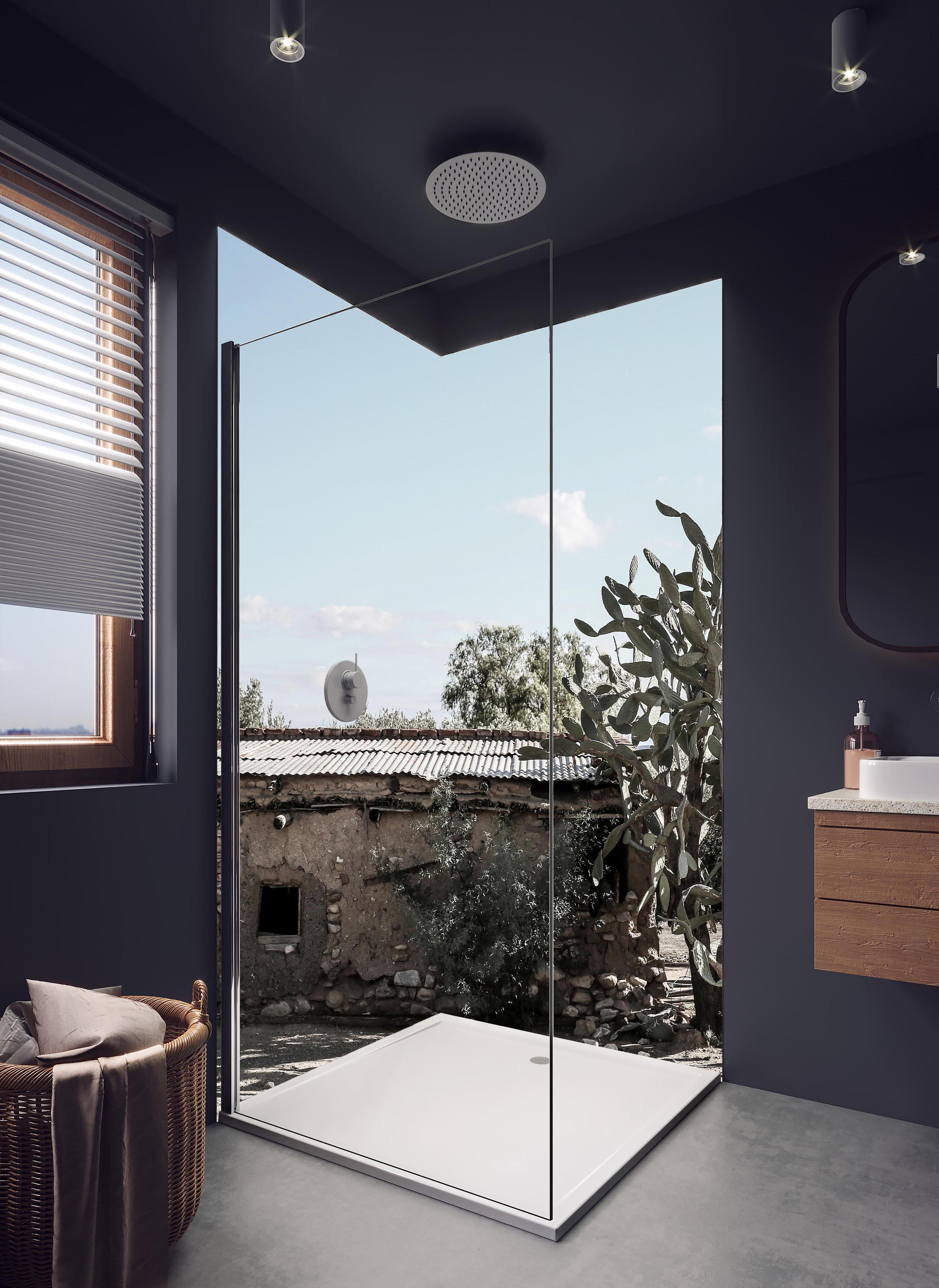 Duschrückwand - Altes Wüstenhaus mit Kakteenschatten in hellem Badezimmer mit Regenduschkopf - zweiteilige Eck-Duschrückwand