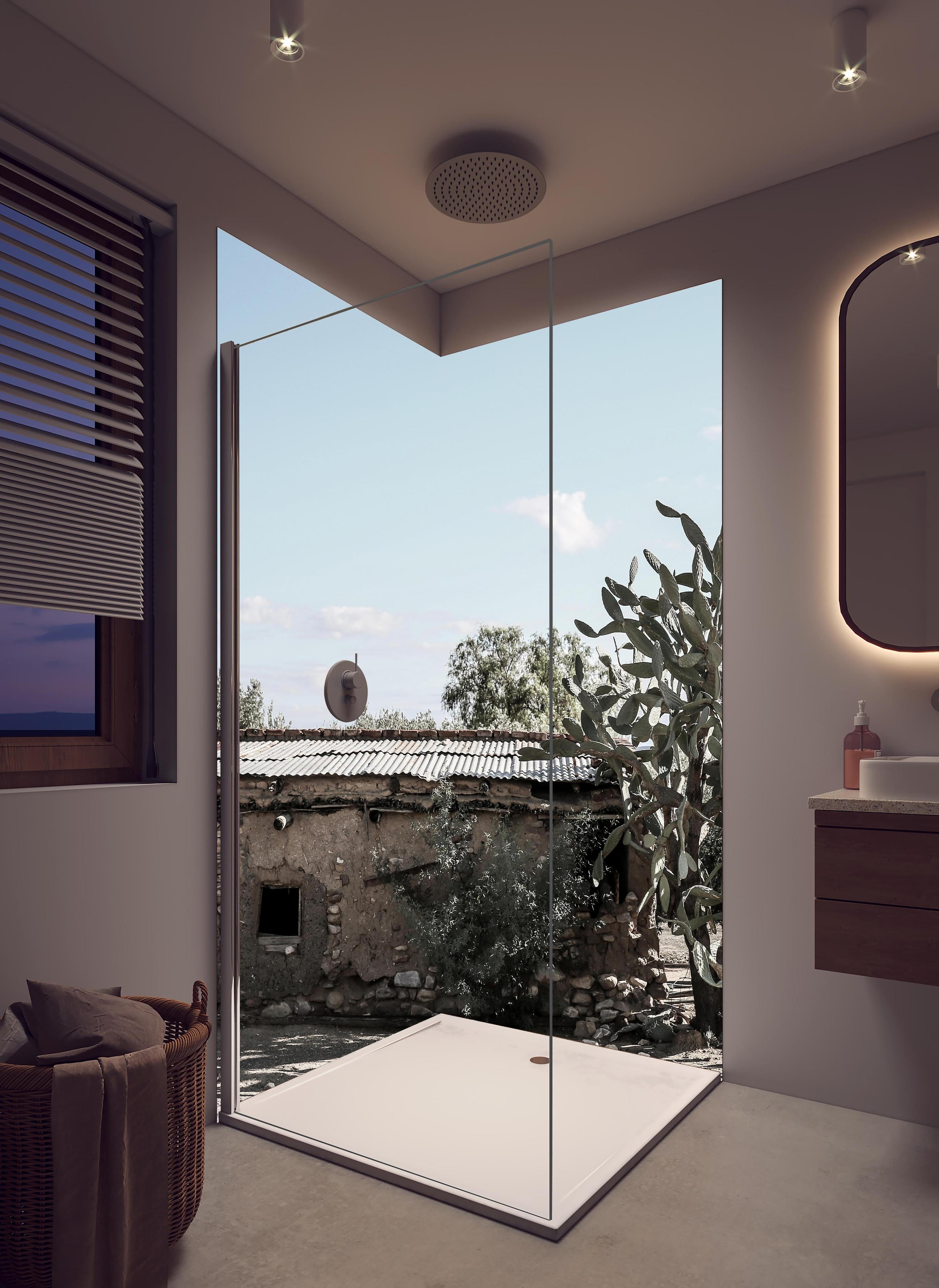 Duschrückwand - Altes Wüstenhaus mit Kakteenschatten in hellem Badezimmer mit Regenduschkopf - zweiteilige Eck-Duschrückwand